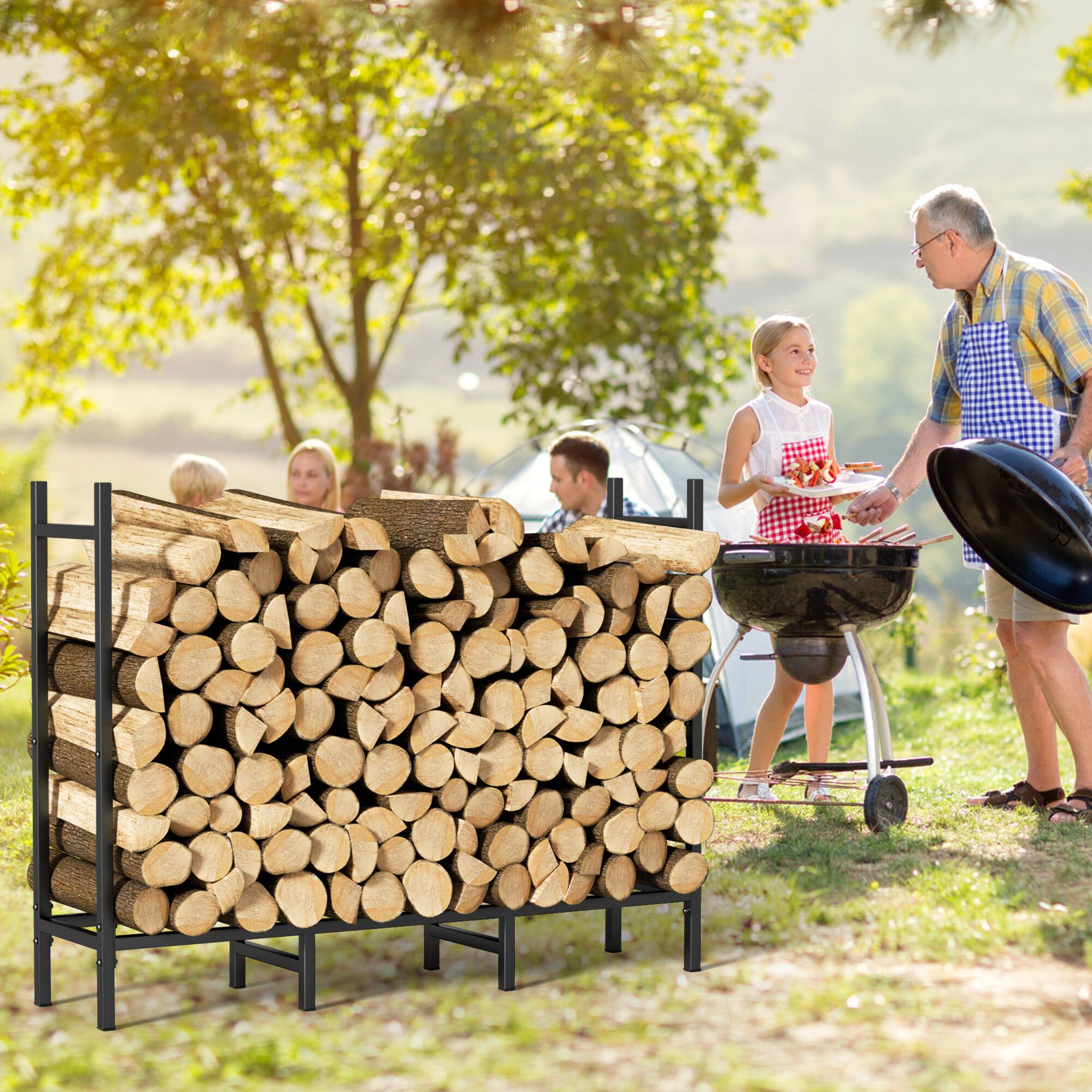 Back. Oumilen - 4ft Heavy Duty Firewood Rack with 8 Support Legs, Rustproof for Indoor/Outdoor Use - Black.