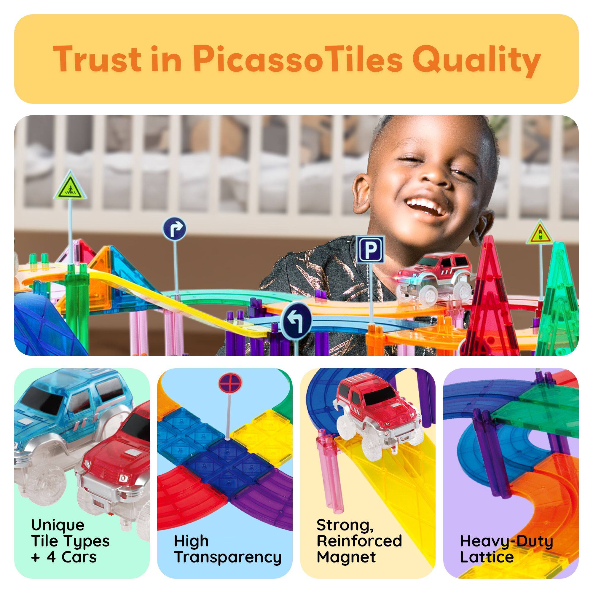 Trust in PicassoTiles Quality

Unique Tile Types + 4 Cars
High Transparency
Strong, Reinforced Magnet
Heavy-Duty Lattice