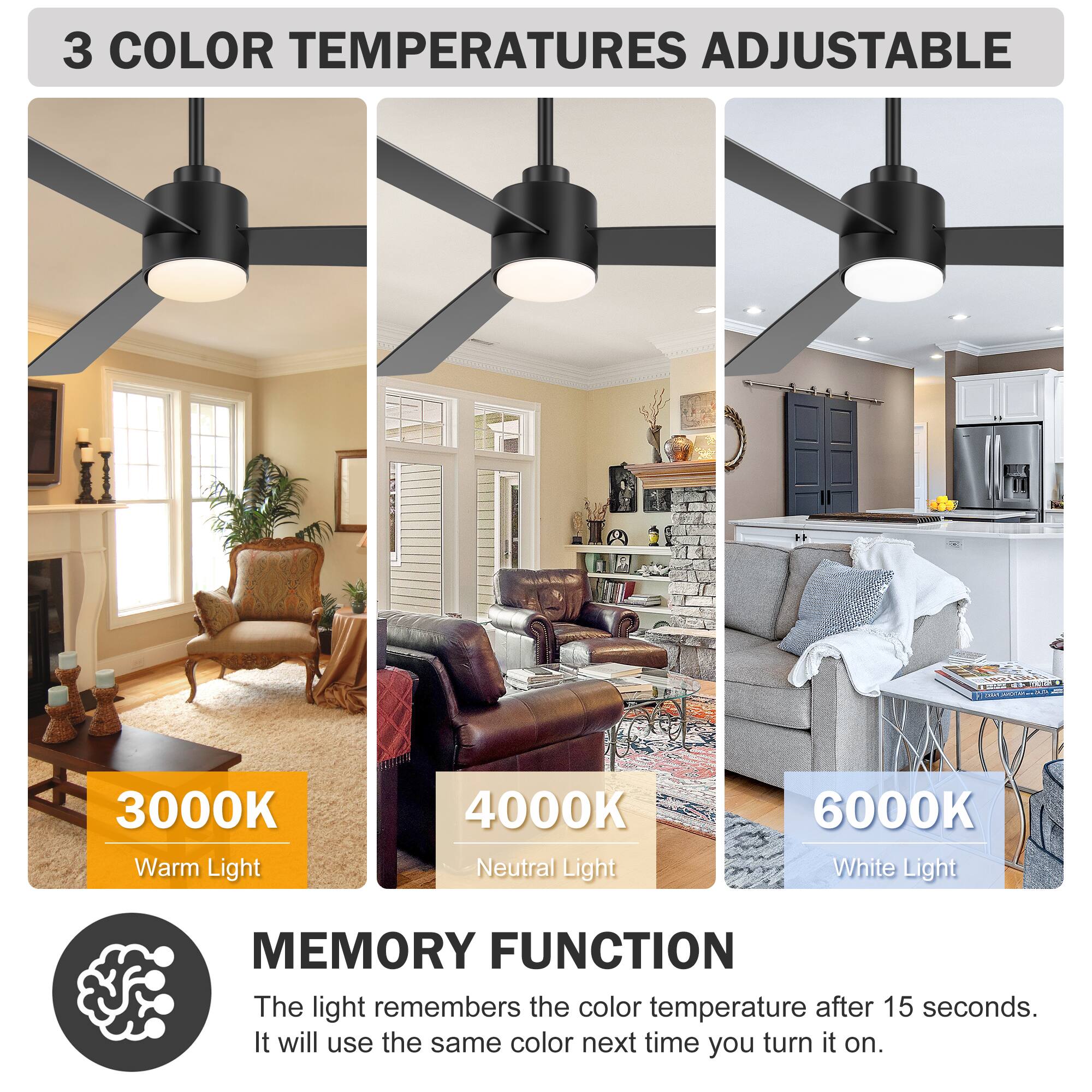 3 COLOR TEMPERATURES ADJUSTABLE

3000K Warm Light  
4000K Neutral Light  
6000K White Light  

MEMORY FUNCTION  
The light remembers the color temperature after 15 seconds. It will use the same color next time you turn it on.