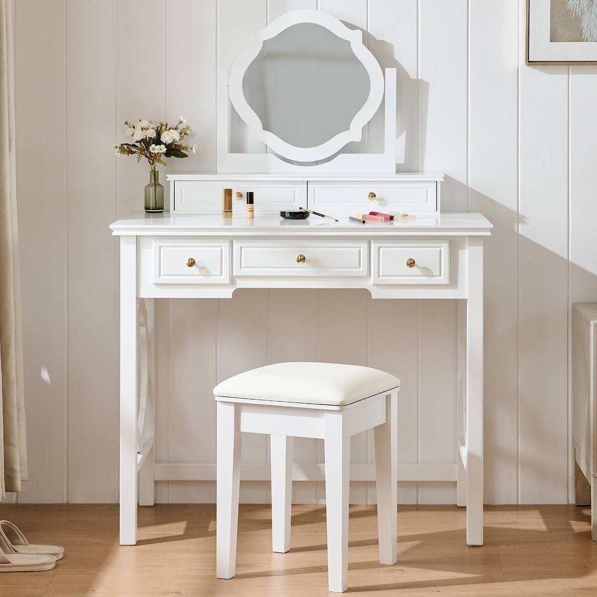 Back. Loheer - Loheer Compact Makeup Vanity Table with Stool, Reversible Mirror, White - White.
