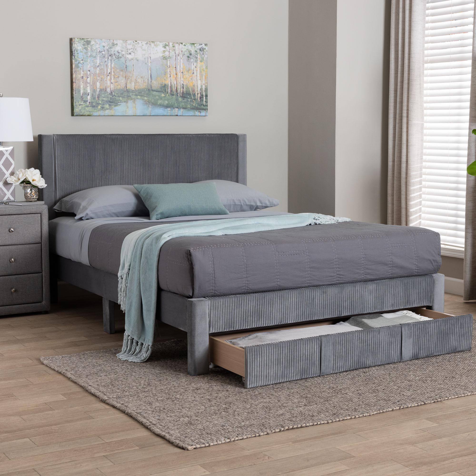 Alt View 6. Baxton Studio - Elora Modern Pleated Velvet Queen Size Storage Bed - Grey.