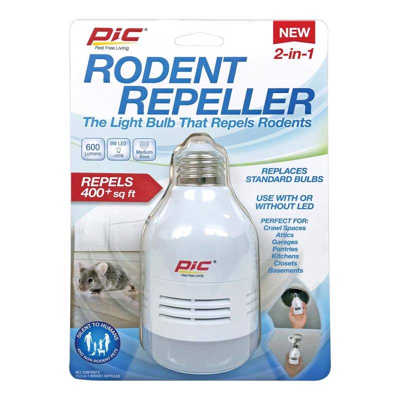 PiC Pest Free Living  
RODENT REPELLER  
The Light Bulb That Repels Rodents  
600 Lumens  
9W LED  
65W Medium Base  
REPELS 400+ sq ft  
REPLACES STANDARD BULBS  
USE WITH OR WITHOUT LED  

NEW 2-in-1  

PERFECT FOR:  
Crawl Spaces  
Attics  
Garages  
Pantry  
Kitchens  
Closets  
Basements  

SILENT TO HUMANS AND NON-RODENT PETS  

NET CONTENTS:  
1 (2-26-25) RODENT REPELLER