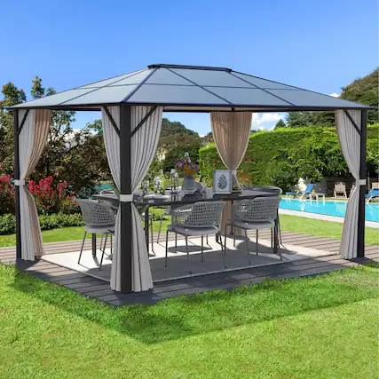 Front. U-HOMY - 10x12 Aluminum Hardtop Pergola Gazebo with Polycarbonate Roof, Netting & Curtains for Patio and Backyard - 10'x12'.