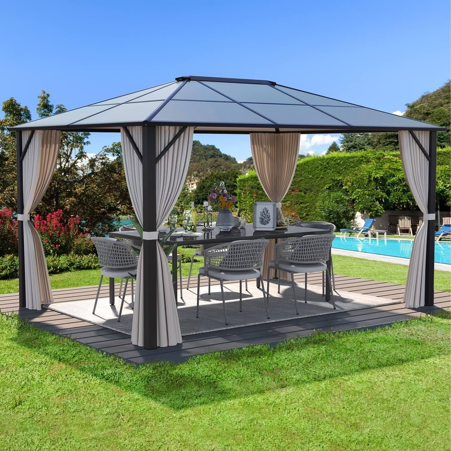 Front. U-HOMY - 10x12 Aluminum Hardtop Pergola Gazebo with Polycarbonate Roof, Netting & Curtains for Patio and Backyard - 10'x12'.