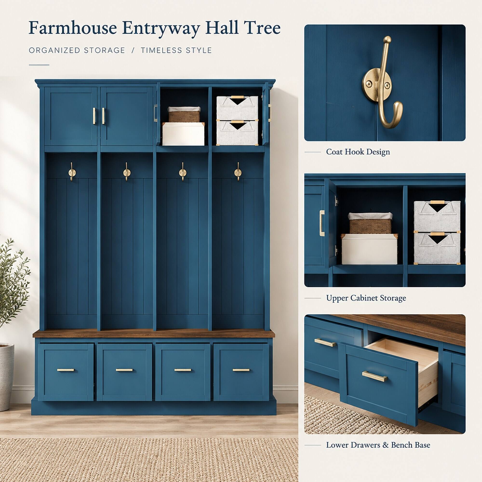 RYHNUYNE U Can Farmhouse Hall Tree, 59 in Wide, White Finish, Gold ...