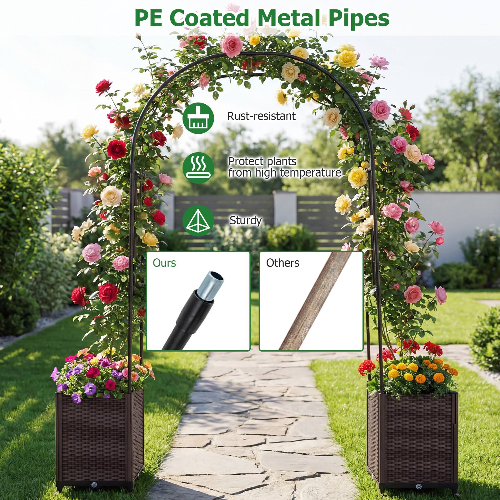 PE Coated Metal Pipes

- Rust-resistant
- Protect plants from high temperature
- Sturdy

Ours

Others