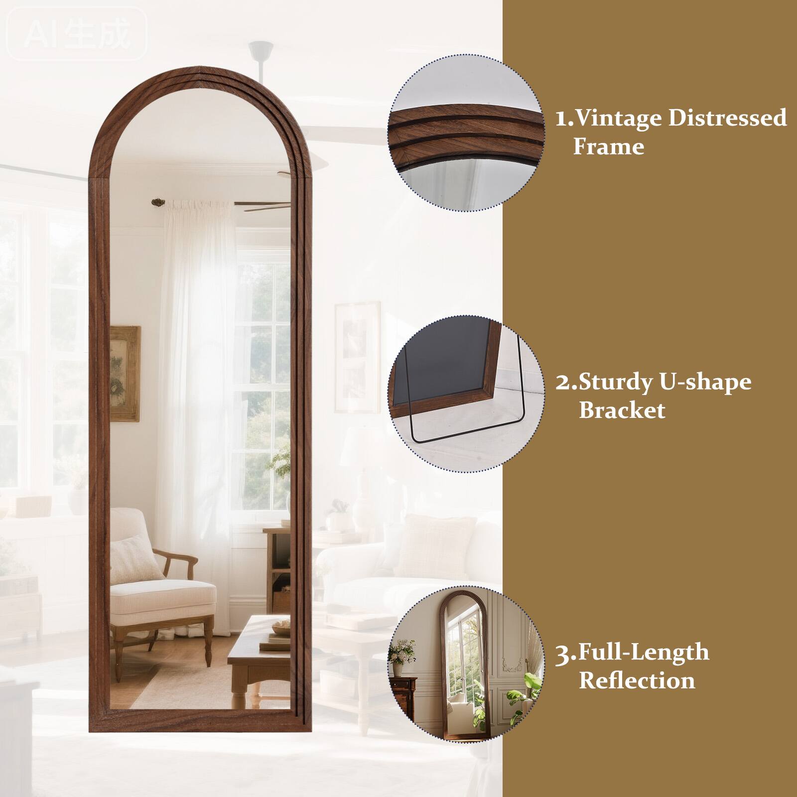 1. Vintage Distressed Frame  
2. Sturdy U-shape Bracket  
3. Full-Length Reflection