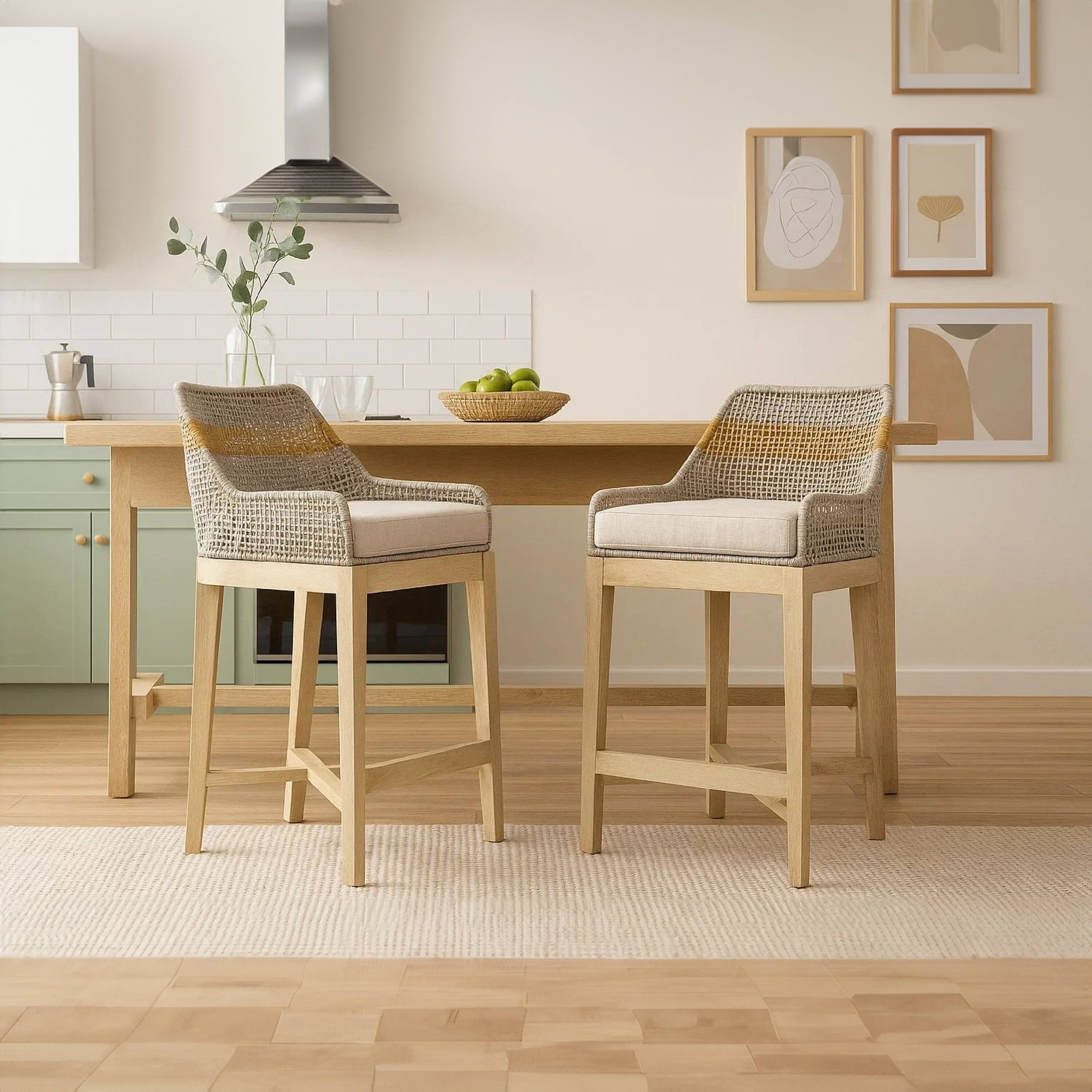 Alt View 9. Manhattan Lane - Avira 30 Inch Barstool Chair | Handcrafted Mango Wood | Cotton Rope Weaving | Beige Cushion - Natural Brown, Beige.