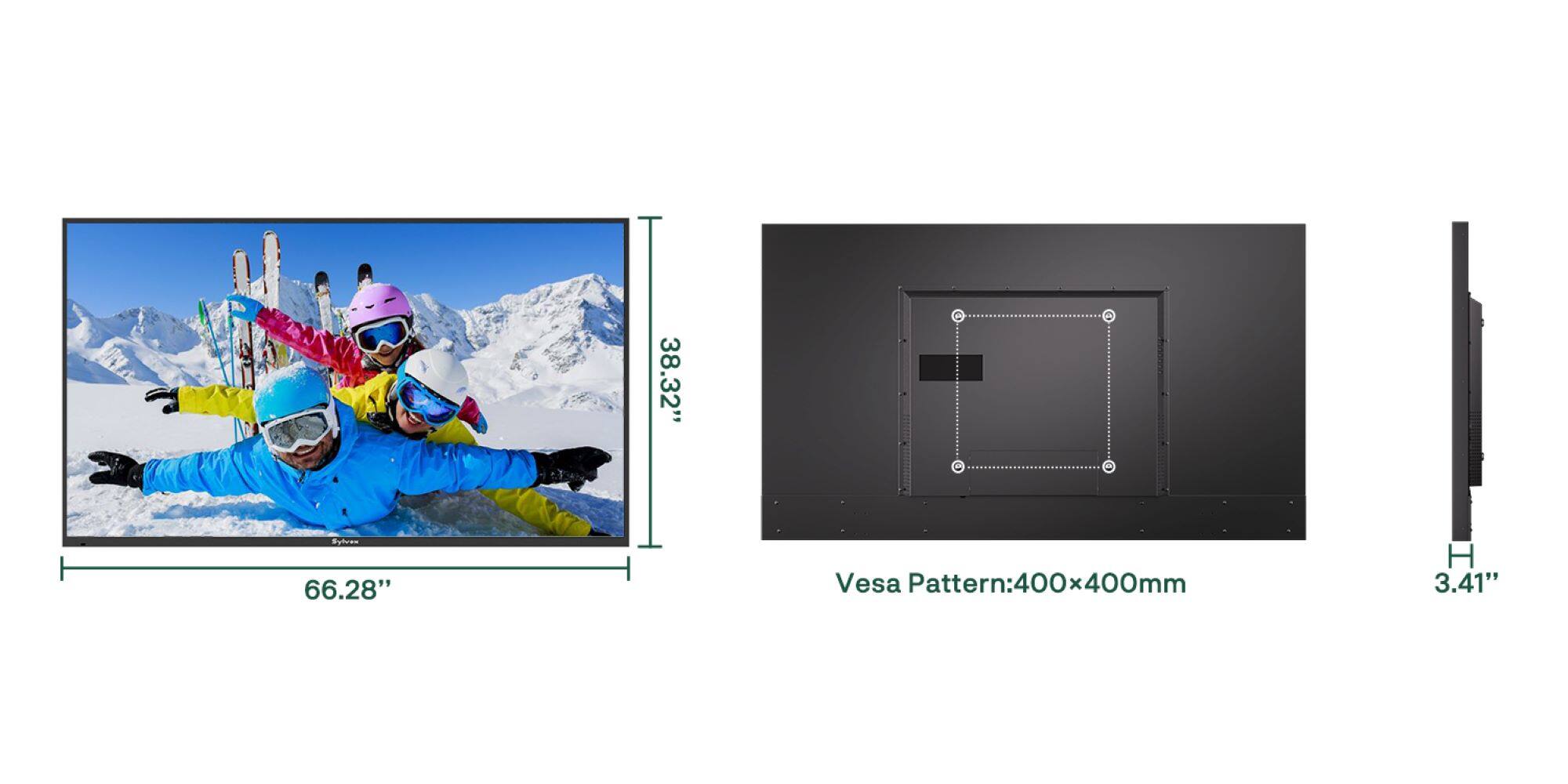 38.32"  
66.28"  
Vesa Pattern: 400x400mm  
H 3.41"