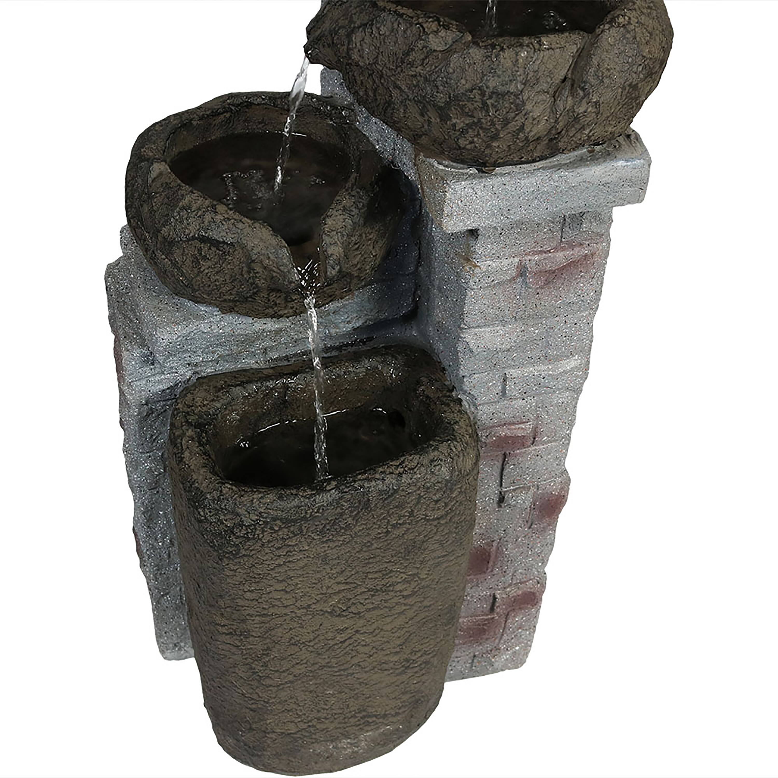 Alt View 9. Sunnydaze - Cascading Stone Bowl Solar Water Fountain with LED Lights - 27 in - Brown.