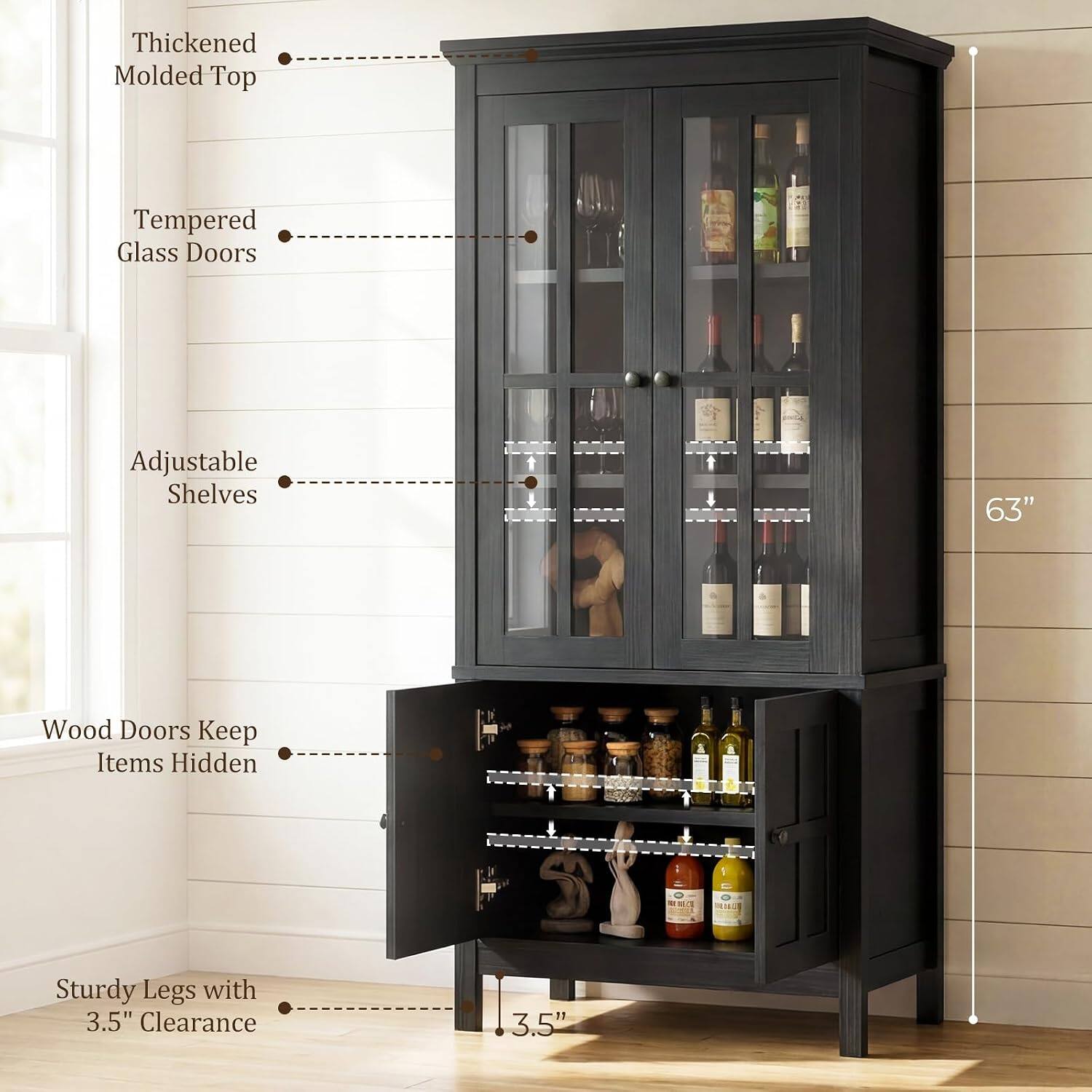 Thickened Molded Top Tempered Glass Doors Adjustable Shelves 63" Wood Doors Keep Items Hidden Sturdy Legs with 3.5" Clearance
