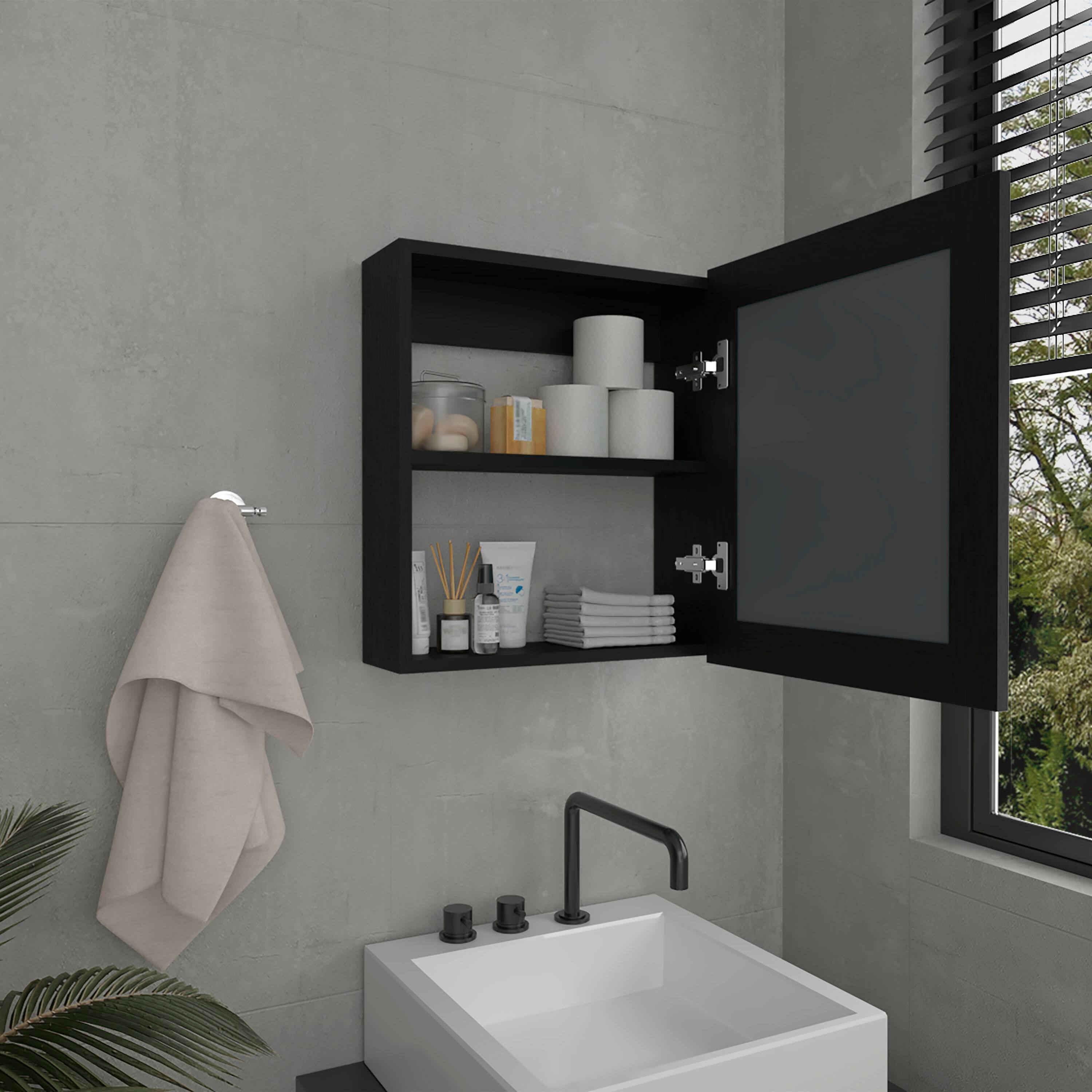 Left. TuHome - Single Mirror Medicine Cabinet with Two Interior Shelves For Bathroom Storage - Black Wengue.