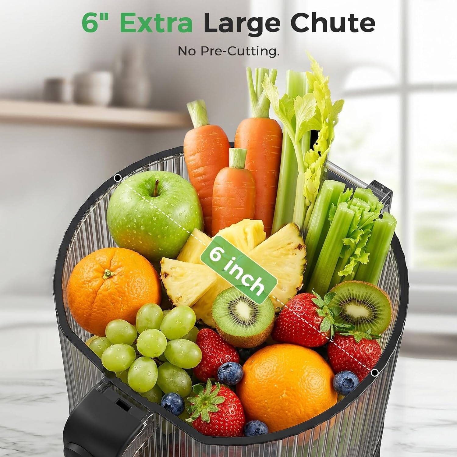 6" Extra Large Chute  
No Pre-Cutting.  
6 inch