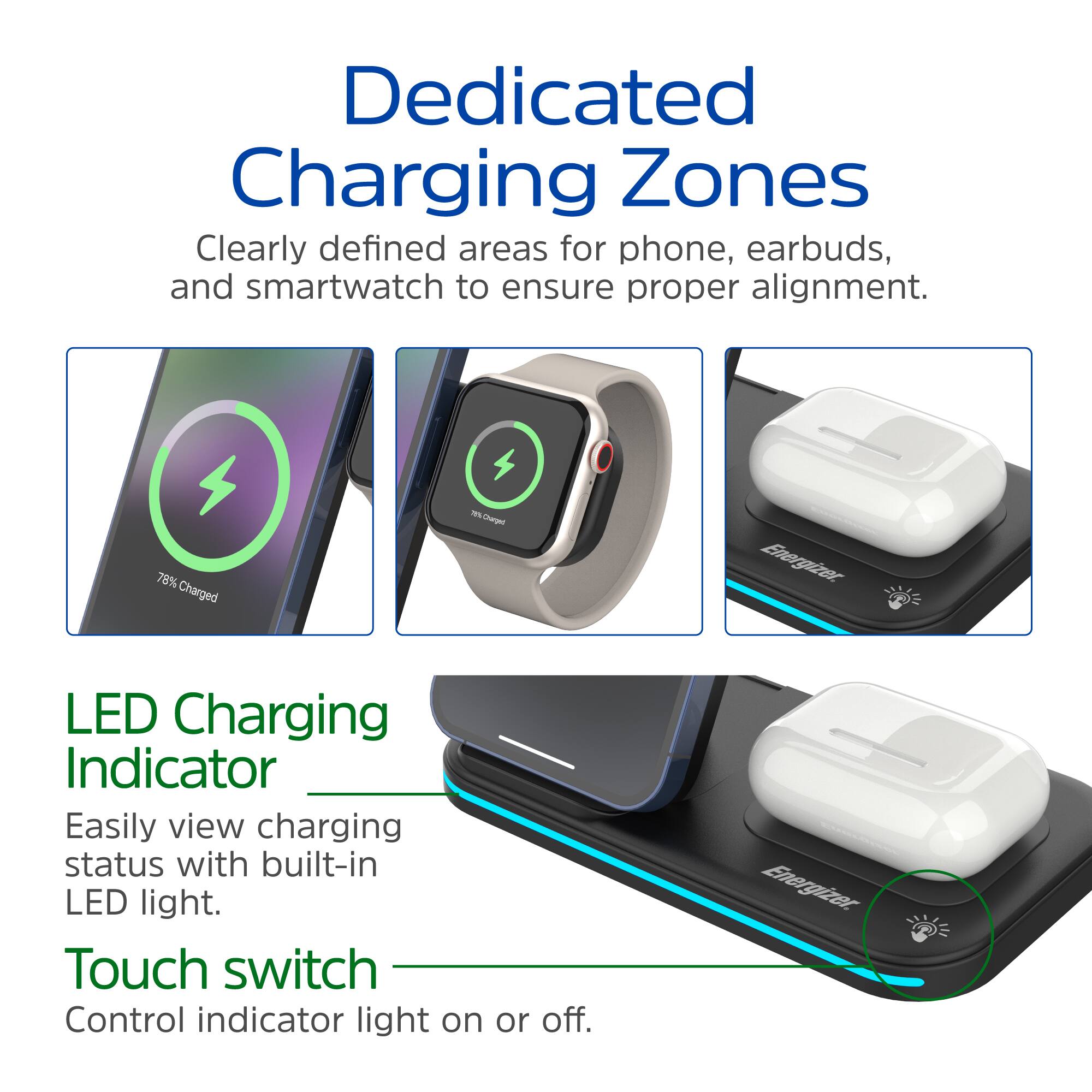 Dedicated Charging Zones  
Clearly defined areas for phone, earbuds, and smartwatch to ensure proper alignment.

LED Charging Indicator  
Easily view charging status with built-in LED light.

Touch switch  
Control indicator light on or off.