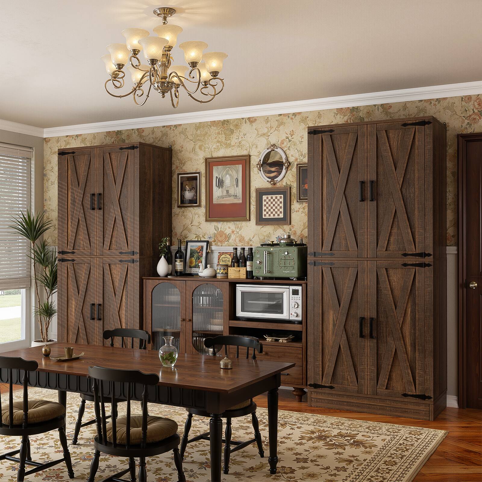 Left. Aheaplus - 71'' Tall Farmhouse Pantry Storage Cabinet with 4 Barn Doors and Drawer, Cupboard with Adjustable Shelves, 2 Piece Set - Retro Brown.