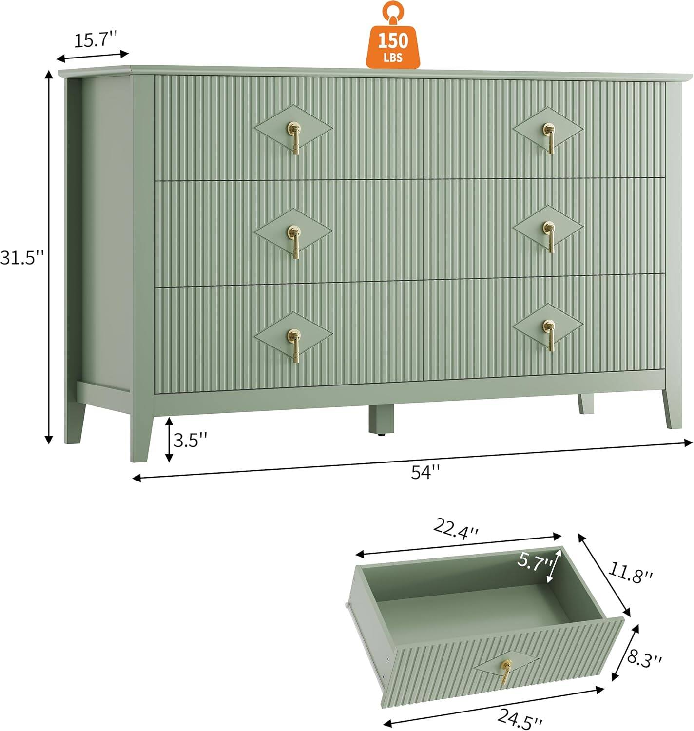 15.7"  
150 LBS  
31.5"  
3.5"  
54"  
22.4"  
5.7"  
11.8"  
8.3"  
24.5"