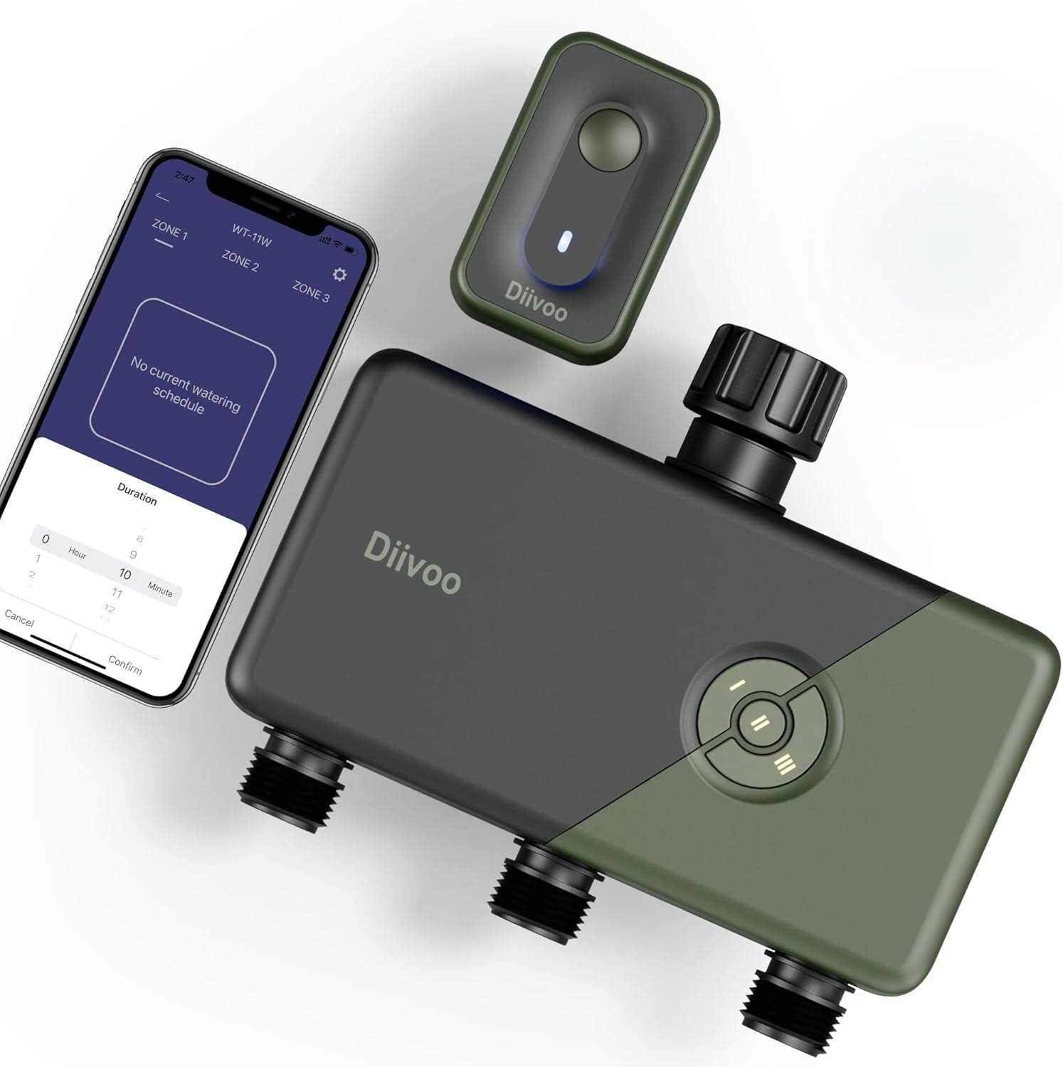 2:47  
ZONE 1 WT-1W  
ZONE 2  
ZONE 3  

No current watering schedule  

Duration  
Hour 0 1 2  
Minute 9 10 11 12  

Cancel Confirm