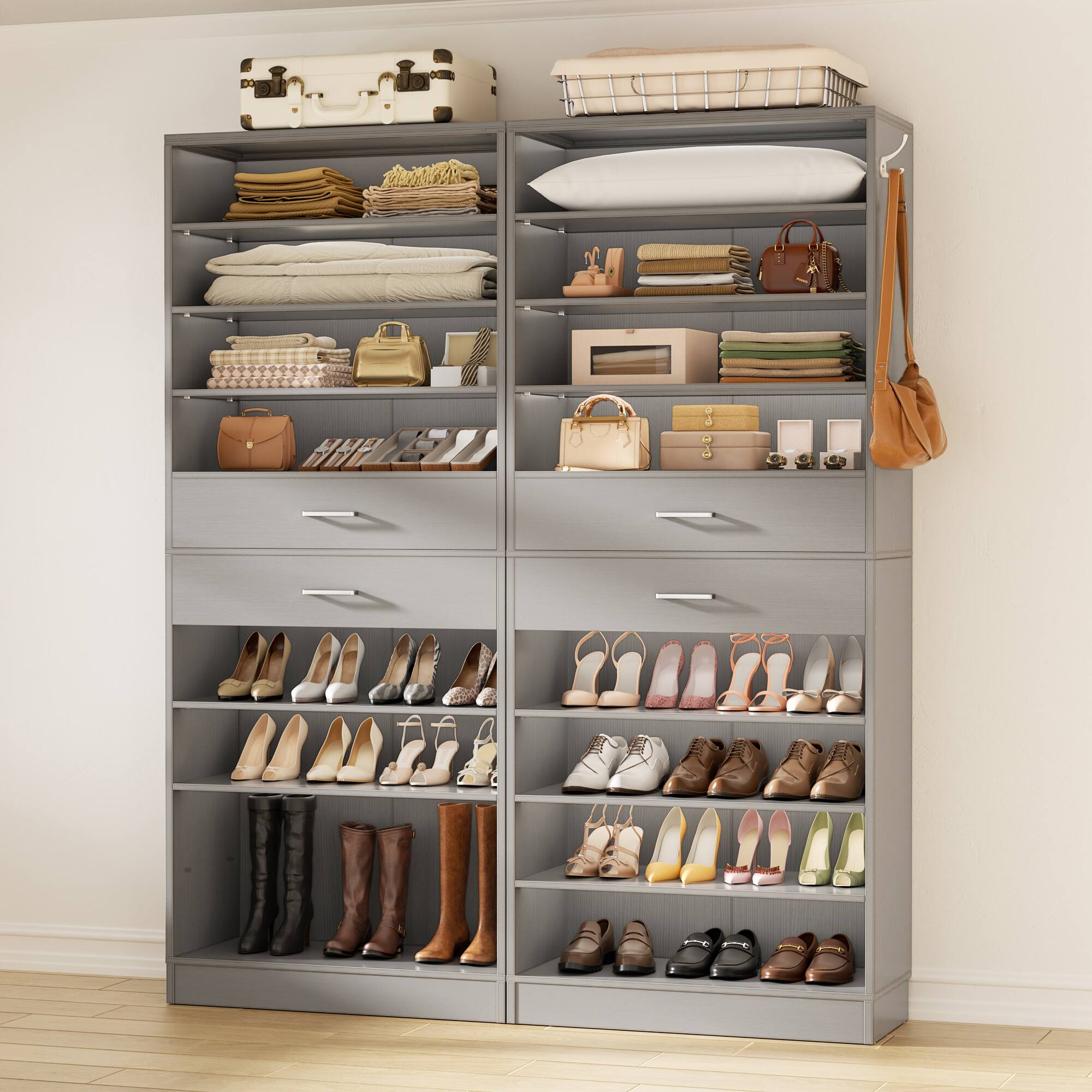 Angle. Aheaplus - 2-Pack : 10-Tier Wood Shoe Cabinet, Space Saving Narrow Rack w/ 2 Drawers for 24-32 Pairs Each, Entryway/Closet Storage - Gray.