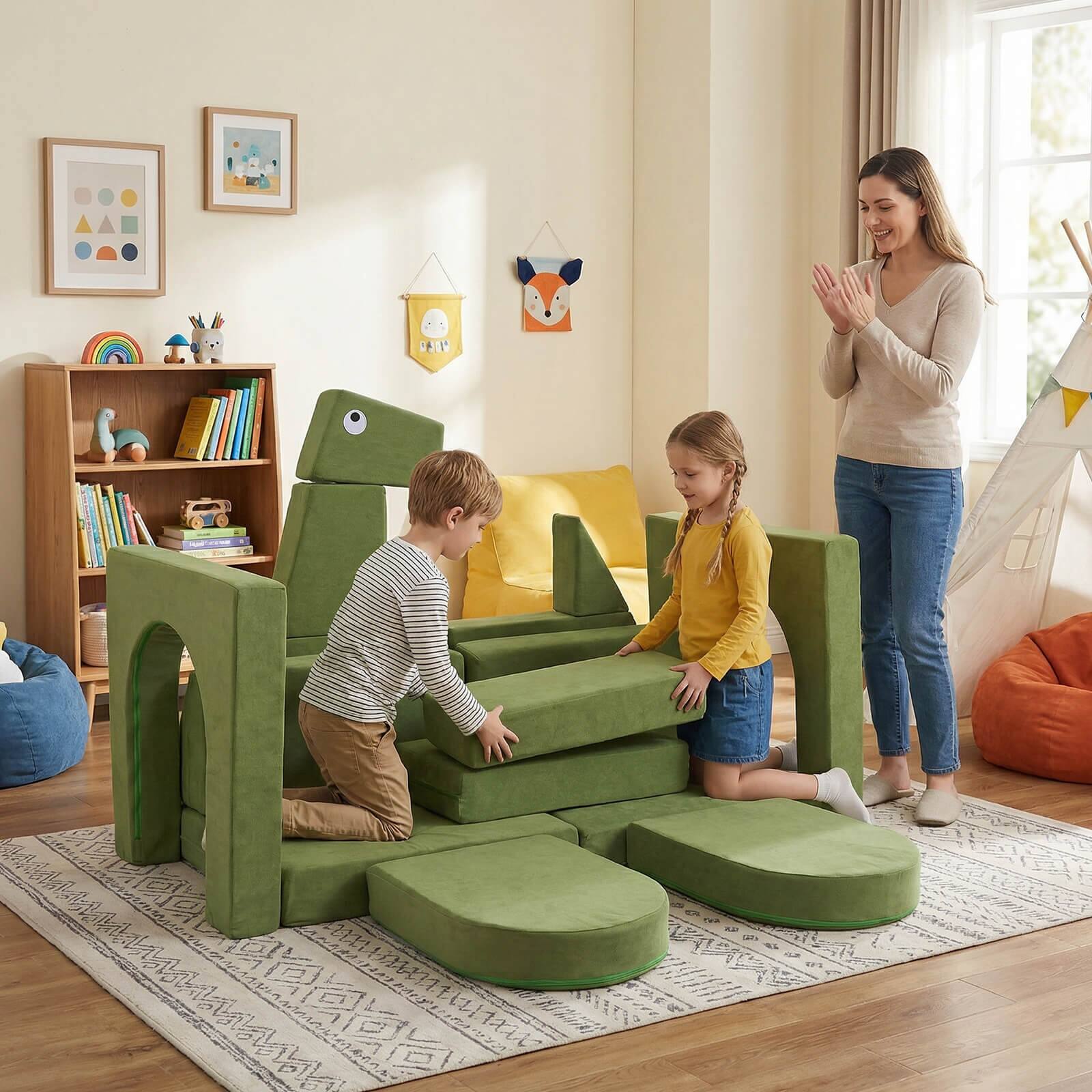 Alt View 3. Costway - Costway 13 PCS Modular Kids Play Couch, Multifunctional Convertible Kids Sofa Furniture Dinosaur - Green.