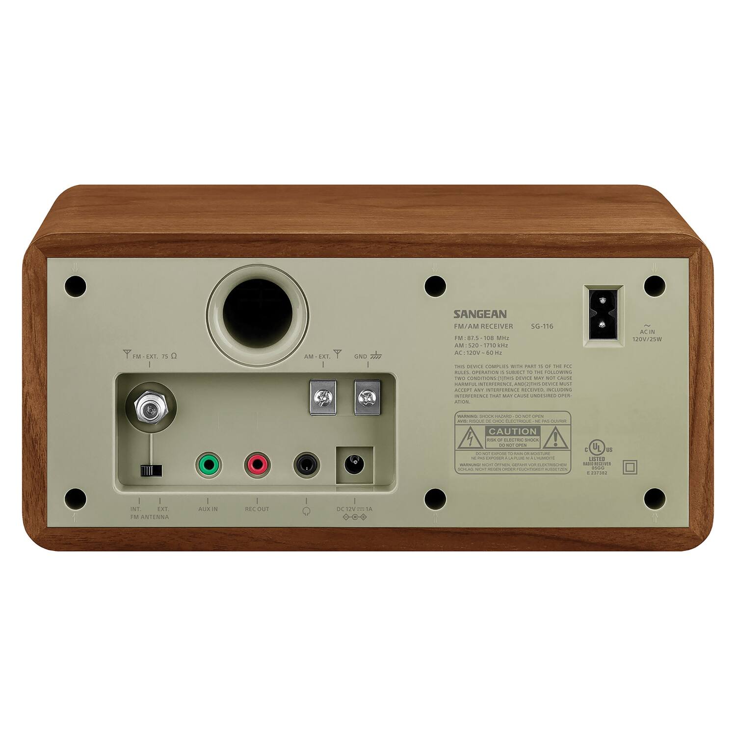 SANGEAN  
FM/AM RECEIVER  
SG-116  

FM: 87.5 - 108 MHz  
AM: 530 - 1700 kHz  
AC: 120V/60 Hz  

THIS DEVICE COMPLIES WITH PART 15 OF THE FCC RULES.  

OPERATION IS SUBJECT TO THE FOLLOWING CONDITIONS:  
1. THIS DEVICE MAY NOT CAUSE HARMFUL INTERFERENCE, AND  
2. THIS DEVICE MUST ACCEPT ANY INTERFERENCE RECEIVED, INCLUDING INTERFERENCE THAT MAY CAUSE UNDESIRABLE OPERATION.  

CAUTION  
DO NOT EXPOSE TO MOISTURE.  
DO NOT EXPOSE TO DIRECT SUNLIGHT.  
DO NOT EXPOSE TO HEAT.  
DO NOT EXPOSE TO DIRECT RADIATION.  
DO NOT EXPOSE TO DIRECT RADIATION.  
DO NOT EXPOSE TO DIRECT RADIATION.  
DO NOT EXPOSE TO DIRECT RADIATION.  
DO NOT EXPOSE TO DIRECT RADIATION.  
DO NOT EXPOSE TO DIRECT RADIATION.  
DO NOT EXPOSE TO DIRECT RADIATION.  
DO NOT EXPOSE TO DIRECT RADIATION.  
DO NOT EXPOSE TO DIRECT RADI