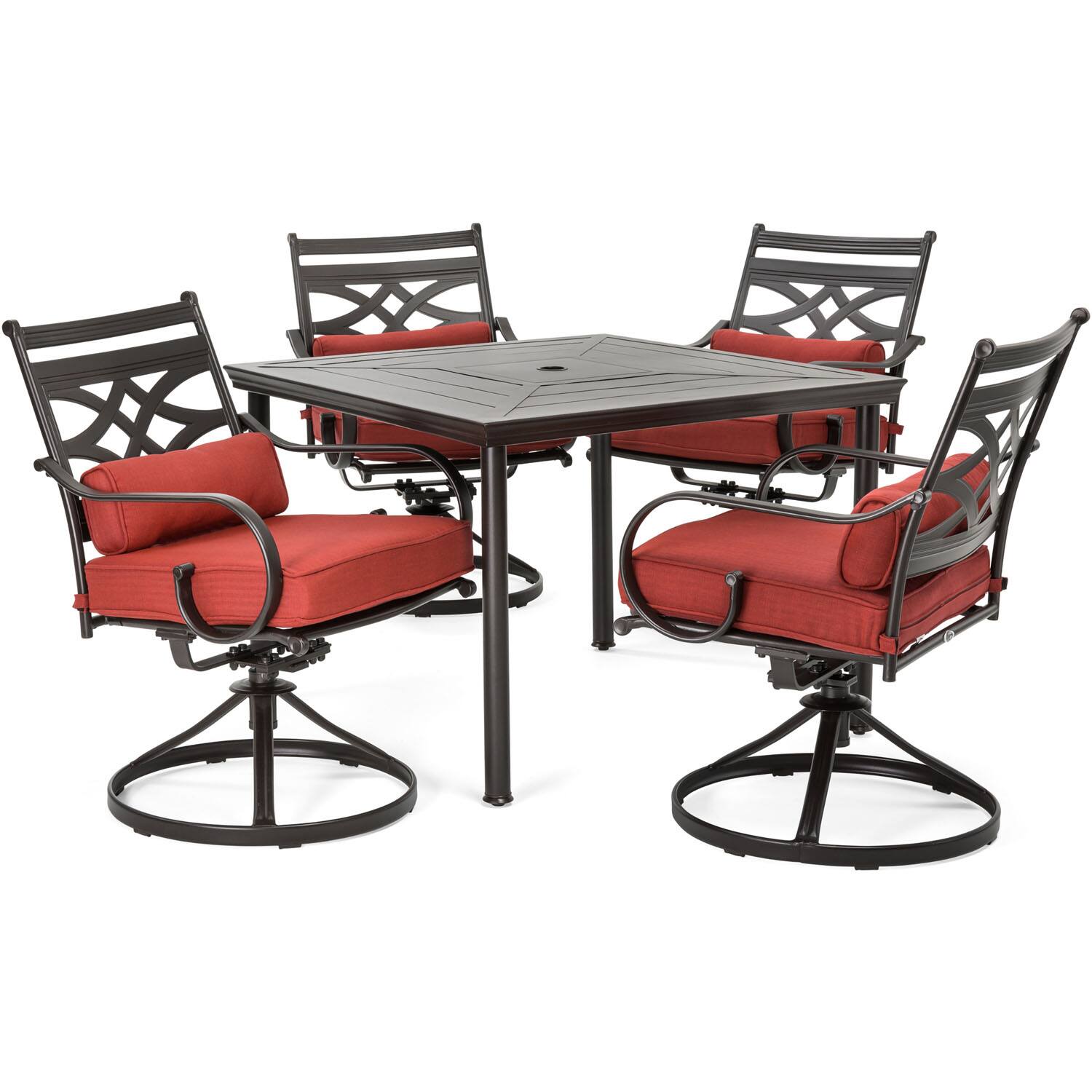 Front. Hanover - Montclair 5-Piece Patio Dining Set with 4 Swivel Rockers and a 40-Inch Square Table - Chili Red/Brown.