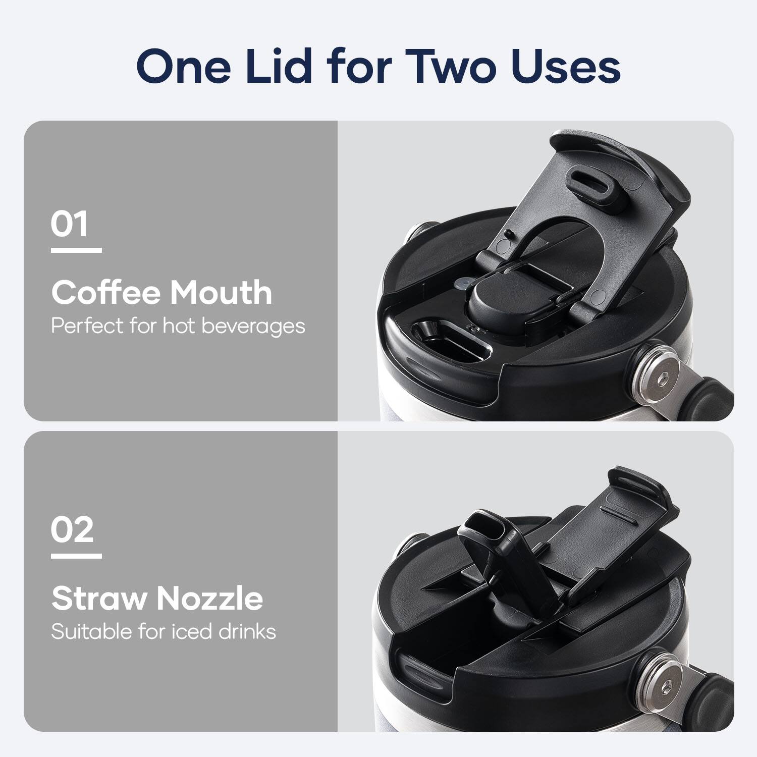 One Lid for Two Uses

01 Coffee Mouth
Perfect for hot beverages

02 Straw Nozzle
Suitable for iced drinks