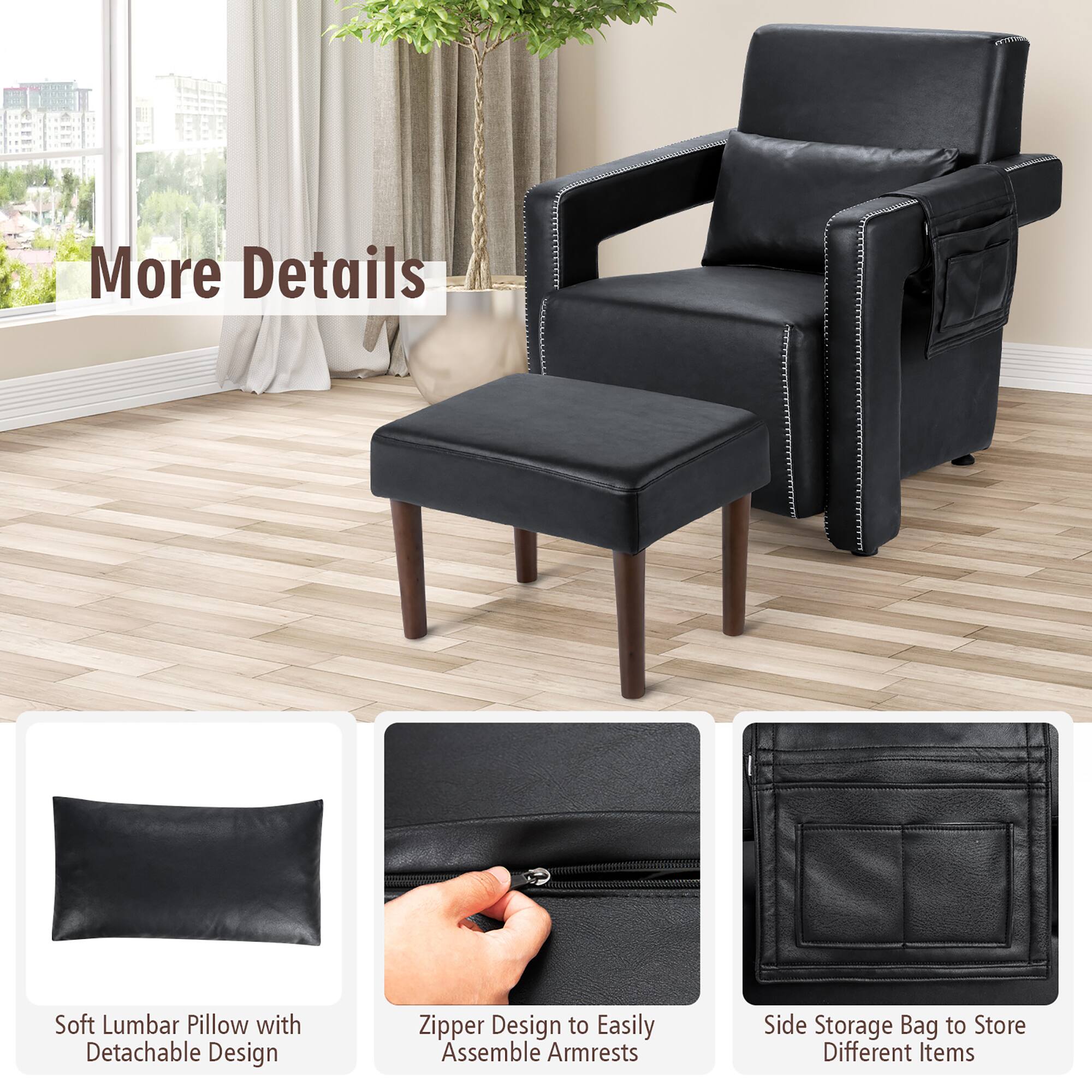 The image features a black leather chair with a detachable design, allowing for easy assembly and storage. The chair has a soft lumbar pillow, and there is a zipper design for added convenience. Additionally, the chair comes with a side storage bag for storing various items.