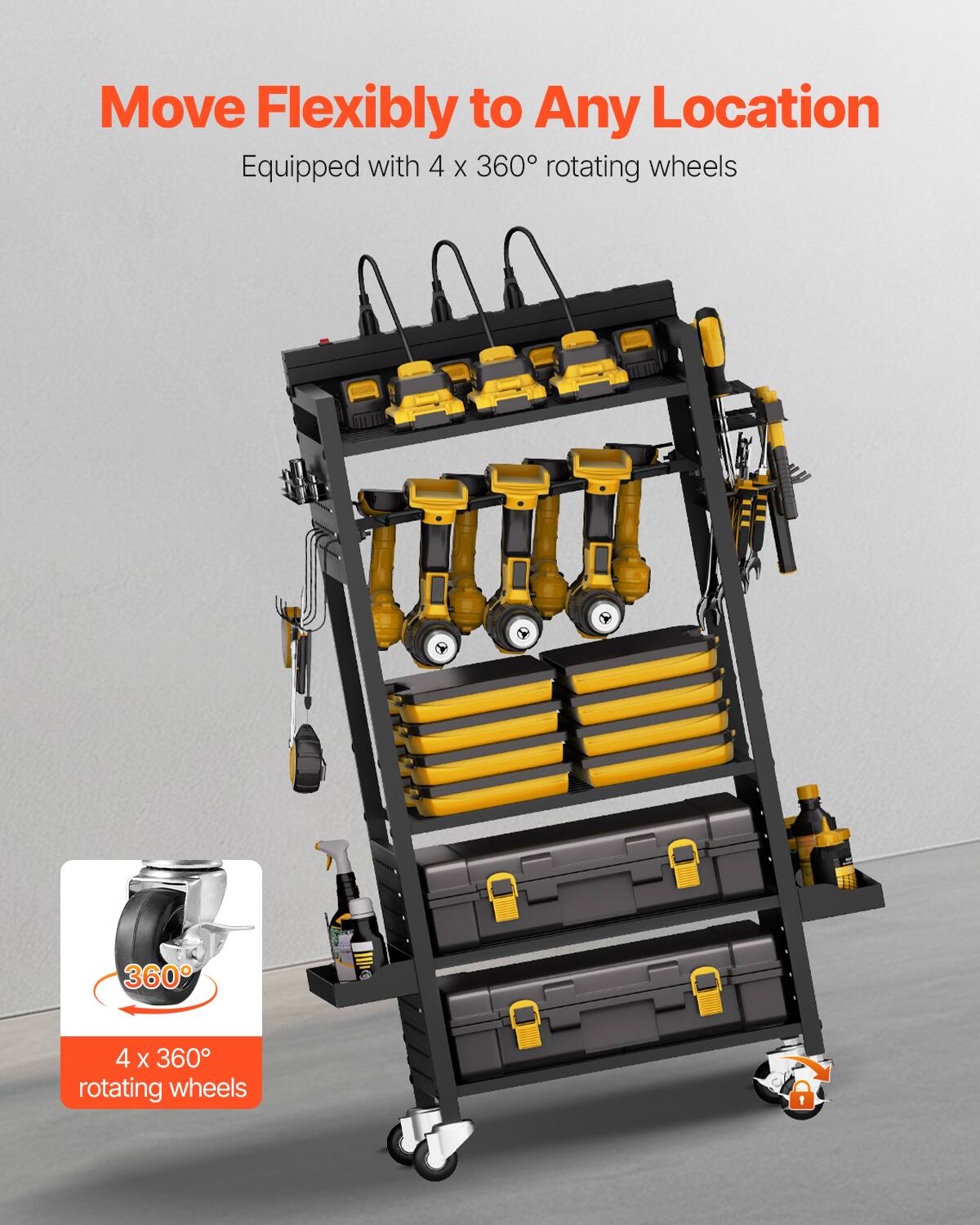 Move Flexibly to Any Location  
Equipped with 4 x 360° rotating wheels