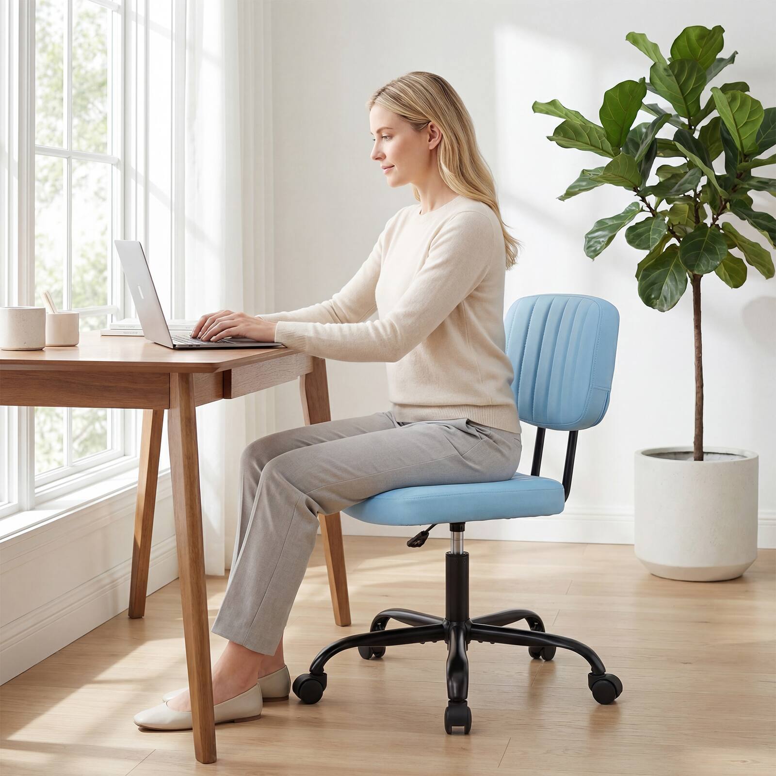 Alt View 1. Sweetcrispy - Modern Low Back PU Leather Upholstered Office Chair, Height Adjustable Swivel Desk Chair for Home or Dorm - Blue.