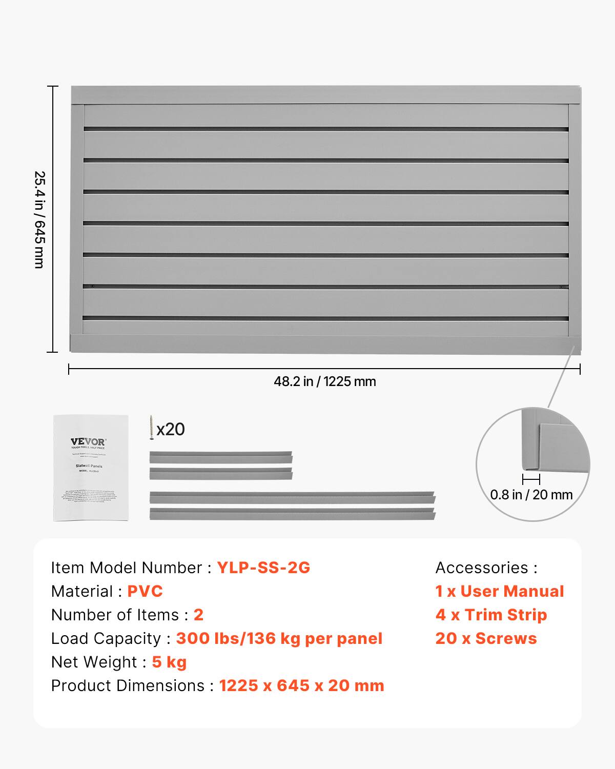 VEVOR Slat Wall Paneling, 2 x 4 ft, PVC Garage Slatwall with