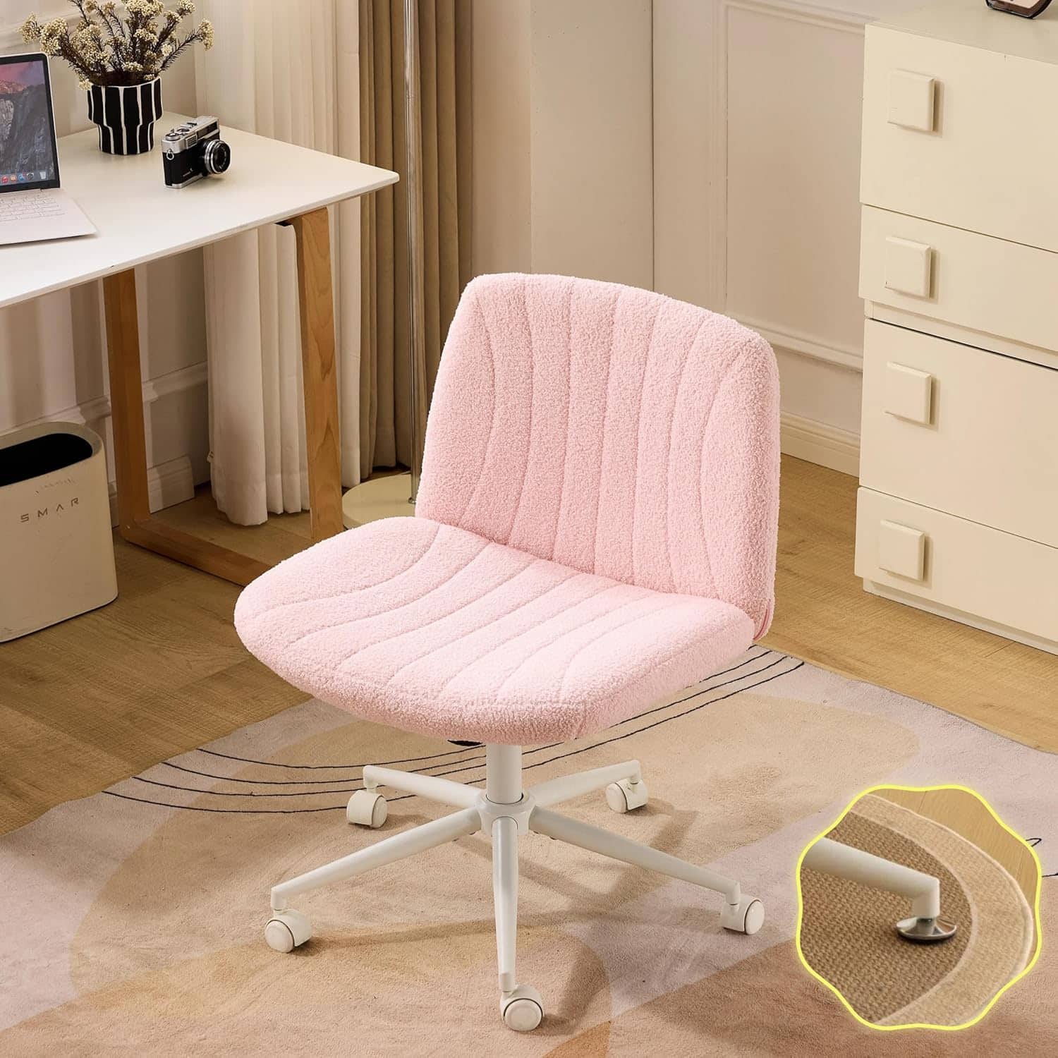 Alt View 1. Winado - Swivel Armless Criss Cross Legged Rolling Chair with/no Wheels Computer Task Chair Vanity for Study,Make Up,Home Office - Pink-Teddy Fleece.