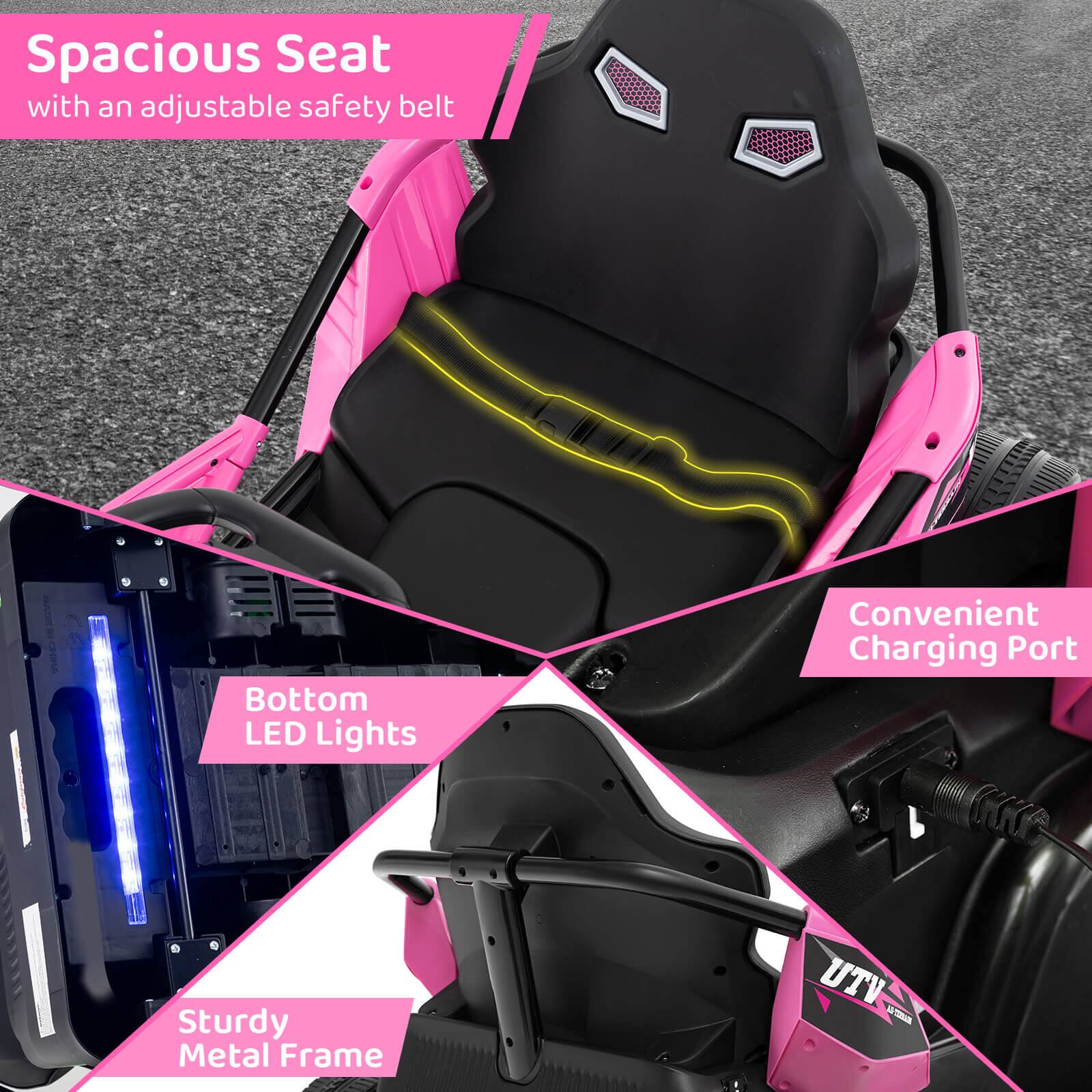 - Spacious Seat with an adjustable safety belt
- Bottom LED Lights
- Convenient Charging Port
- Sturdy Metal Frame