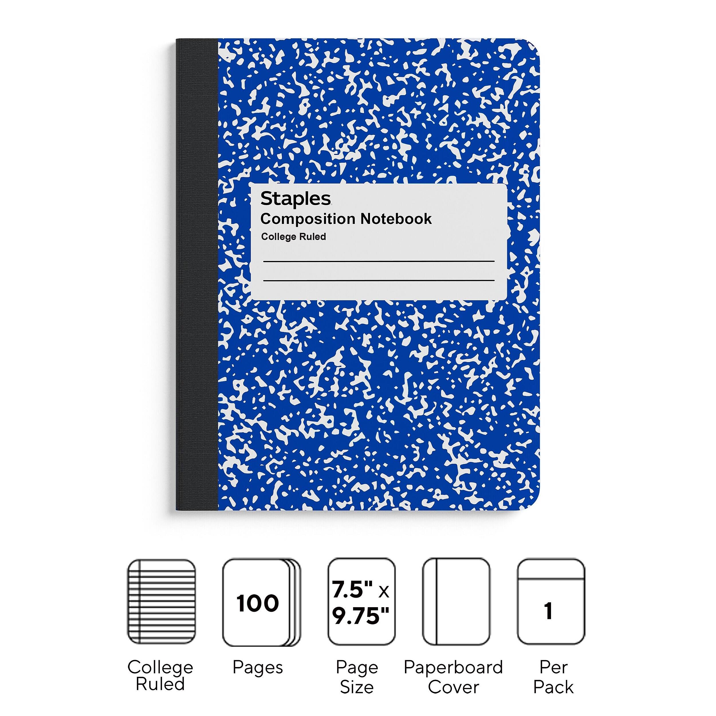 Staples Composition Notebook College Ruled

100 Pages

7.5" x 9.75" Page Size

Paperboard Cover

1 Per Pack