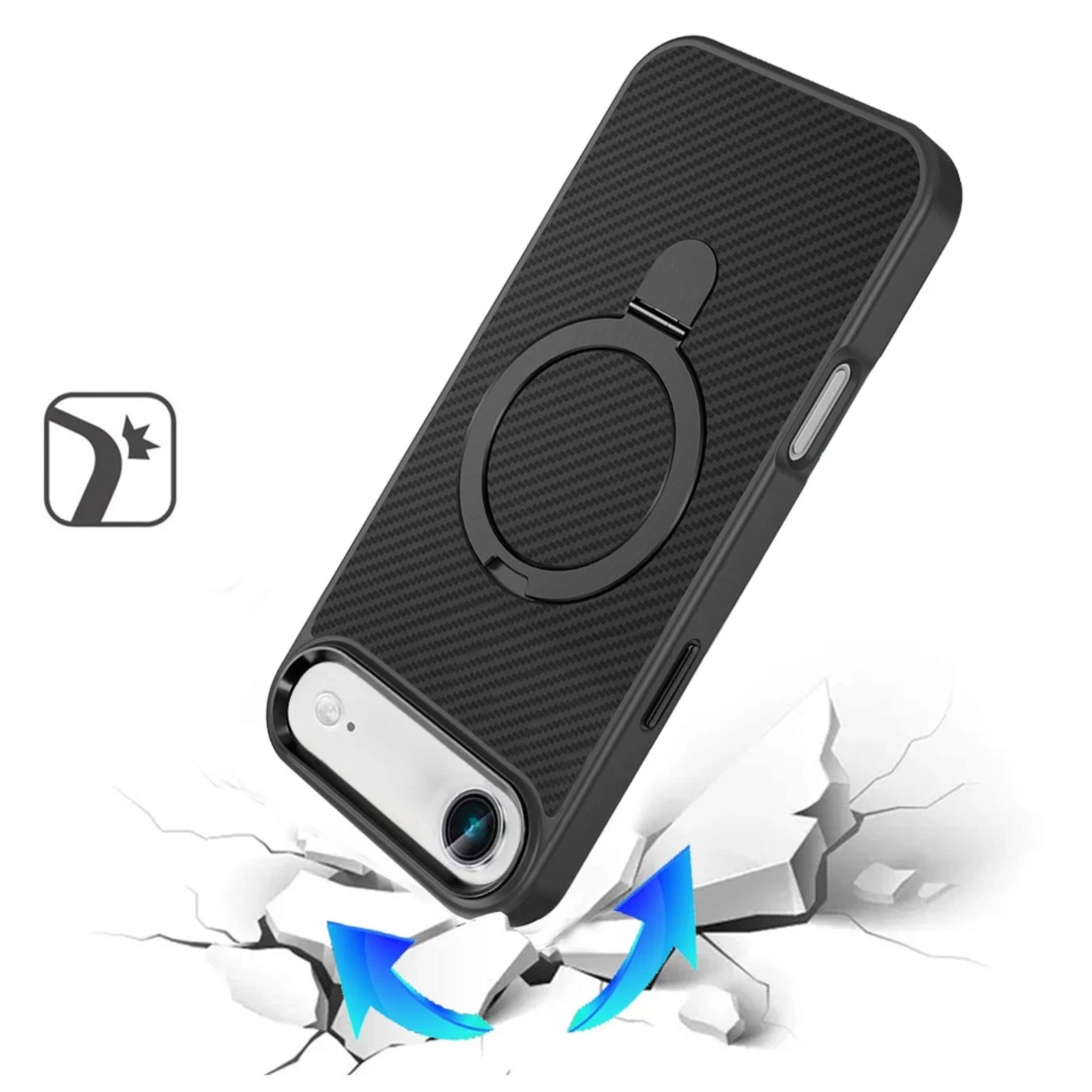 Left. Kitcheniva - Carbon Fiber Print Metal Stand Magnetic Phone Case With Tempered Glass For iPhone Air Black - Black.