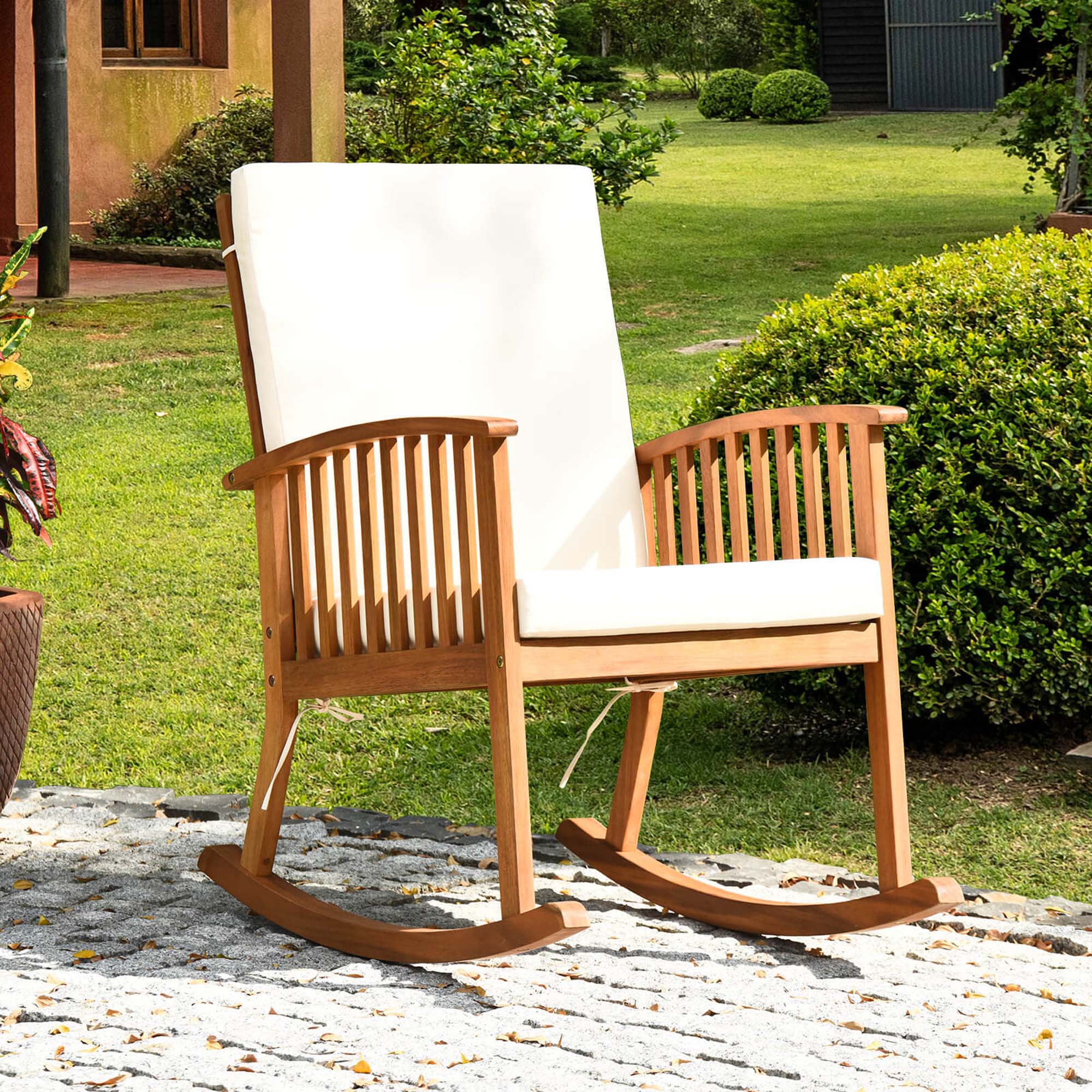 Alt View 7. Costway - Costway 3 Pieces Acacia Wood Rocking Bistro Set with Coffee Table and Cushions for Lawn - Natural,Off White.
