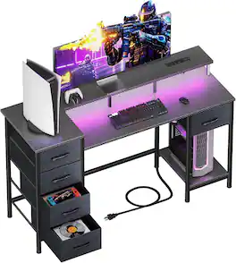 Furnulem - 47 Inches Computer Desk with Monitor Stand Charging Station LED Lights Gaming Desk with Drawers for Home Office - Black