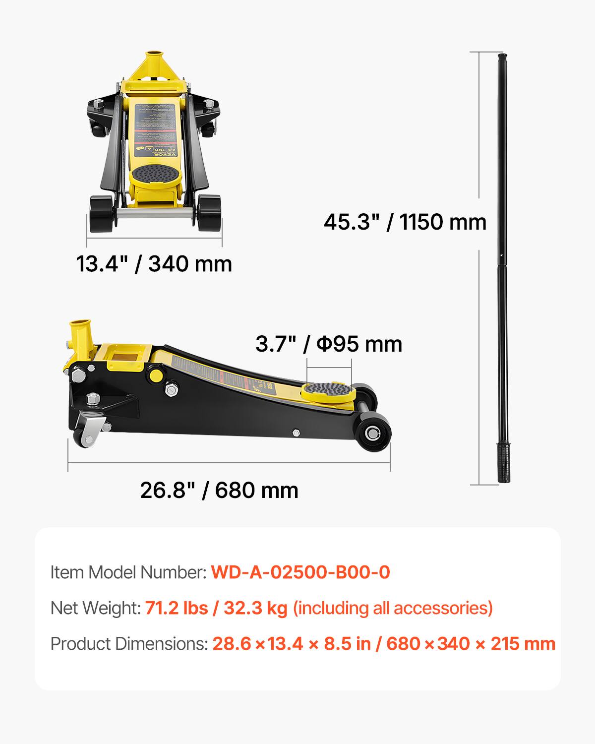 BLR ONO 45.3" / 1150 mm  
13.4" / 340 mm  
3.7" / 95 mm  
26.8" / 680 mm  

Item Model Number: WD-A-02500-B00-0  
Net Weight: 71.2 lbs / 32.3 kg (including all accessories)  
Product Dimensions: 28.6 x 13.4 x 8.5 in / 680 x 340 x 215 mm