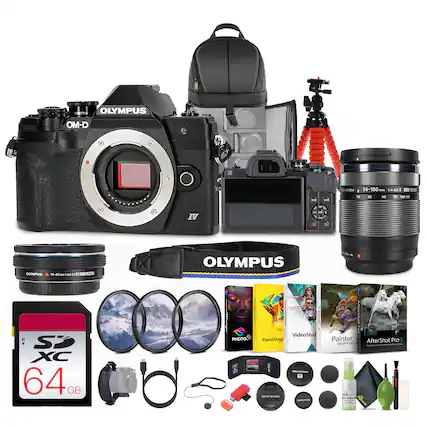 OLYMPUS OM-D E-M5 Mark II
14-150mm f/4-5.6 ED II Lens
14-42mm f/3.5-5.6 II Lens
64 GB SD XC Card
OLYMPUS Camera Bag
Tripod
Remote Shutter Release
Cleaning Kit
UV Filters
Lens Hood
Camera Strap
Memory Card Reader
PaintShop Pro
VideoStudio
Painter Essentials
AfterShot Pro 3
Camera Cleaning Spray
Lens Cleaning Kit
Camera Cleaning Brush
Camera Cleaning Cloth
Camera Cleaning Solution