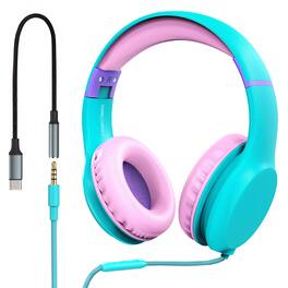 FosPower - Kids Headphones USB C Wired Over-Ear Headphons with Microphone, Adjustable for School Travel, Volume Limited, Mint/Pink - Mint|Pink