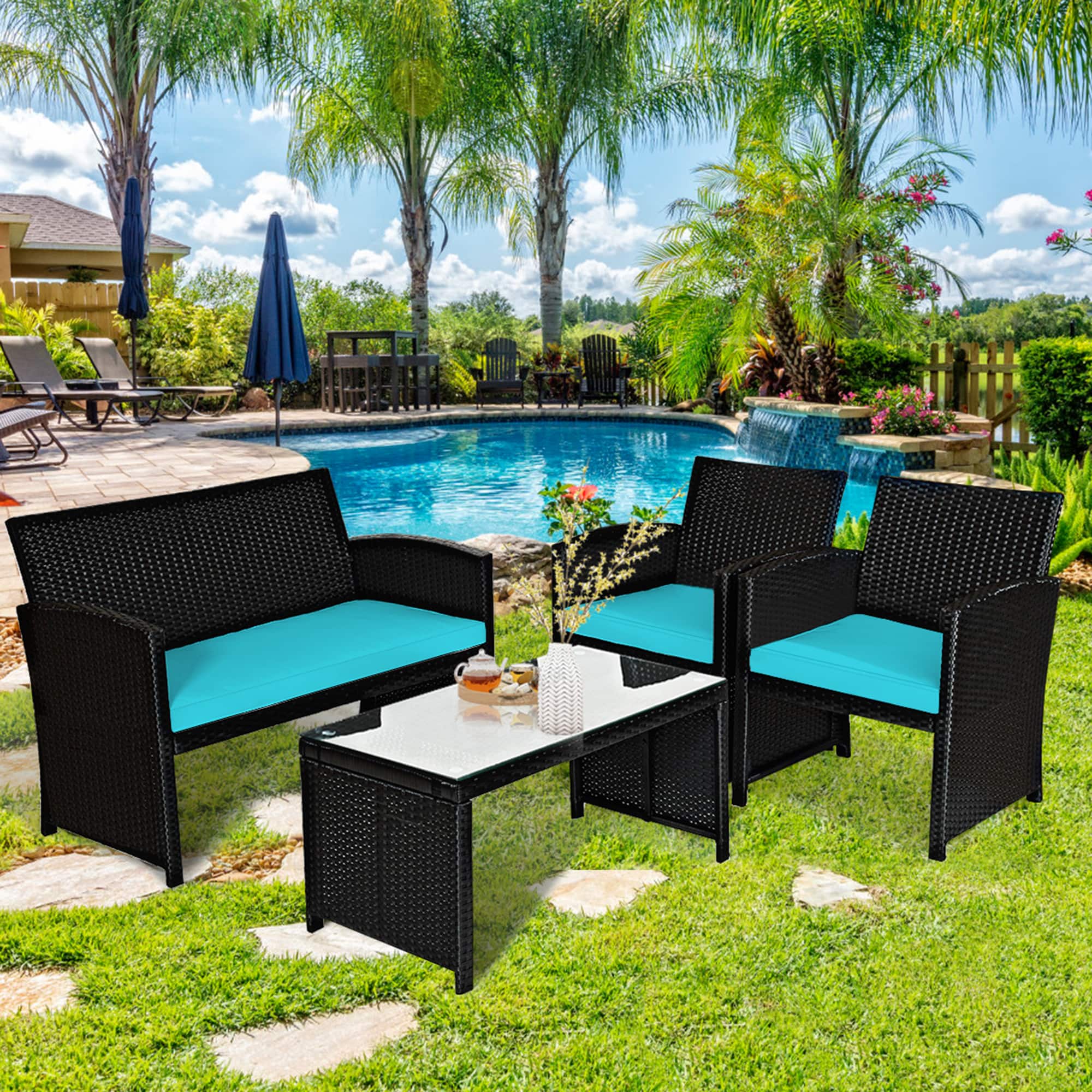 Gymax - 4PCS Rattan Outdoor Conversation Set Patio Furniture Set w/ Cushions - Turquoise price history on PriceWatchPro