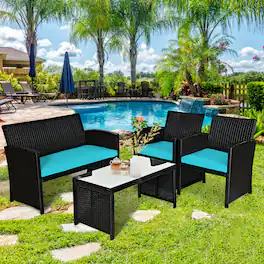 Gymax - 4PCS Rattan Outdoor Conversation Set Patio Furniture Set w/ Cushions - Turquoise