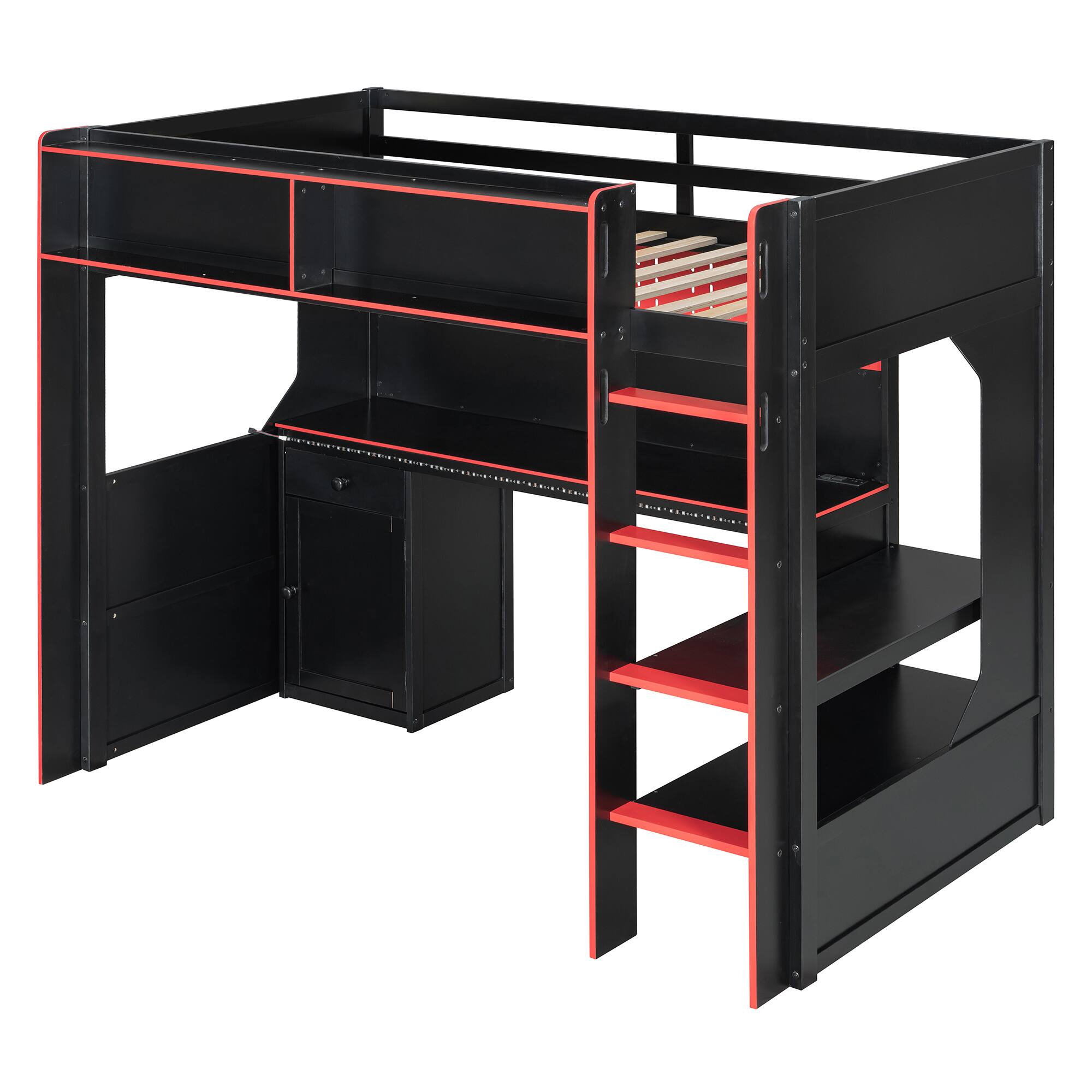 Left. Whisen - Gaming Loft Bed with Desk, RGB LED Lights, Charging Station & Storage, Sturdy Wood Frame - Black|Red.