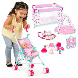 Best Choice Products - Kids 15-Piece 13.5in Newborn Baby Doll Nursery Role Play Playset w/ Stroller, Cot, Bag, Accessories - Pink