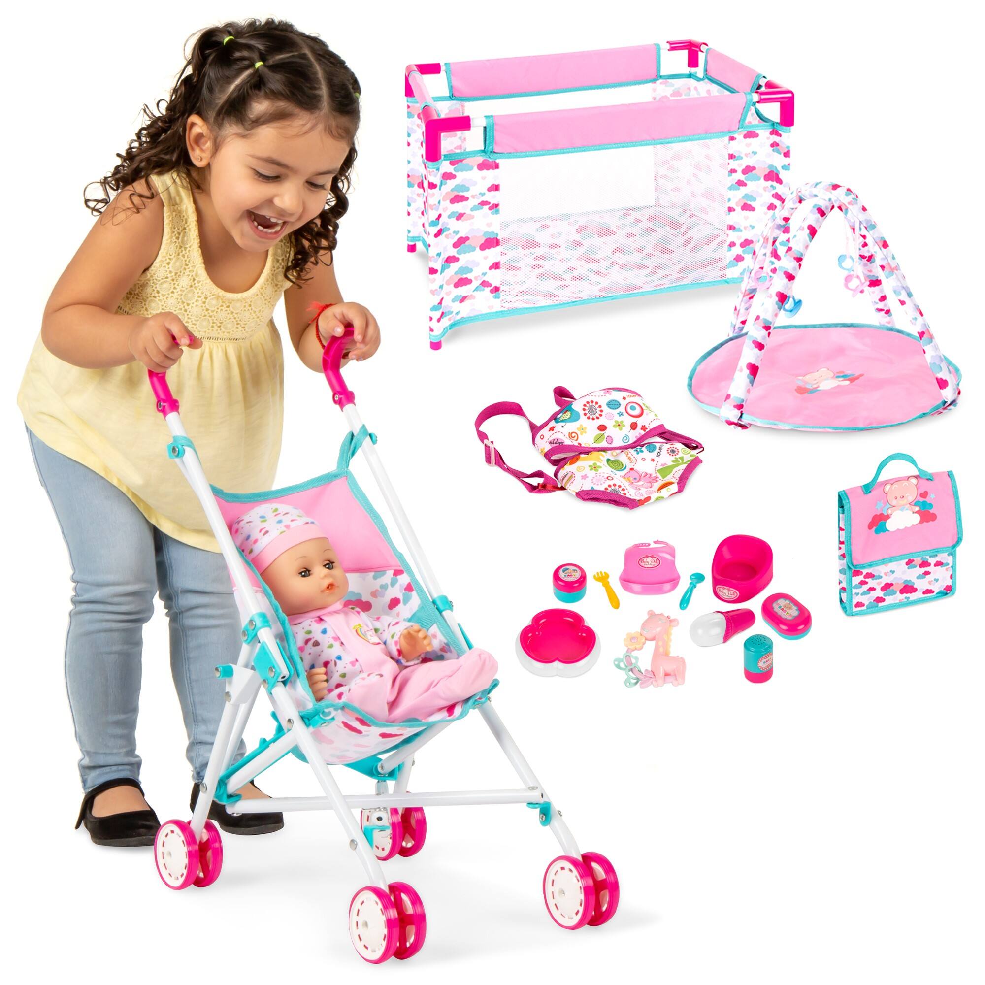 Front. Best Choice Products - Best Choice Products Kids 15-Piece 13.5in Newborn Baby Doll Nursery Role Play Playset w/ Stroller, Cot, Bag, Accessories - Pink.