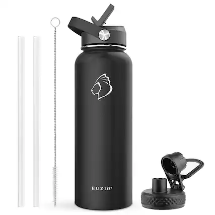 Angle. Buzio - 40oz Insulated Water Bottle with Straw Lid and Spout Lid - Black.