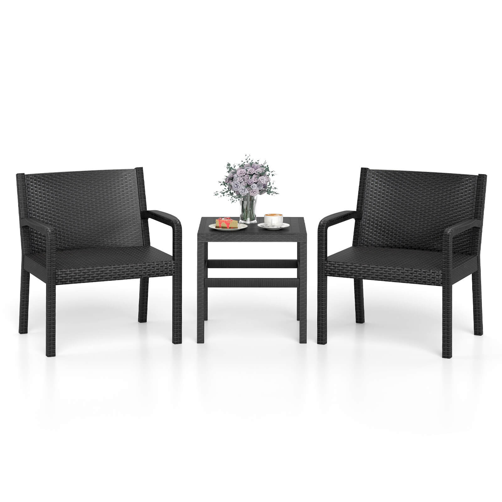 Costway - 3 Piece Patio Furniture Set with 2 Modern Rattan Armchair & 25" Squire Side Table - Black