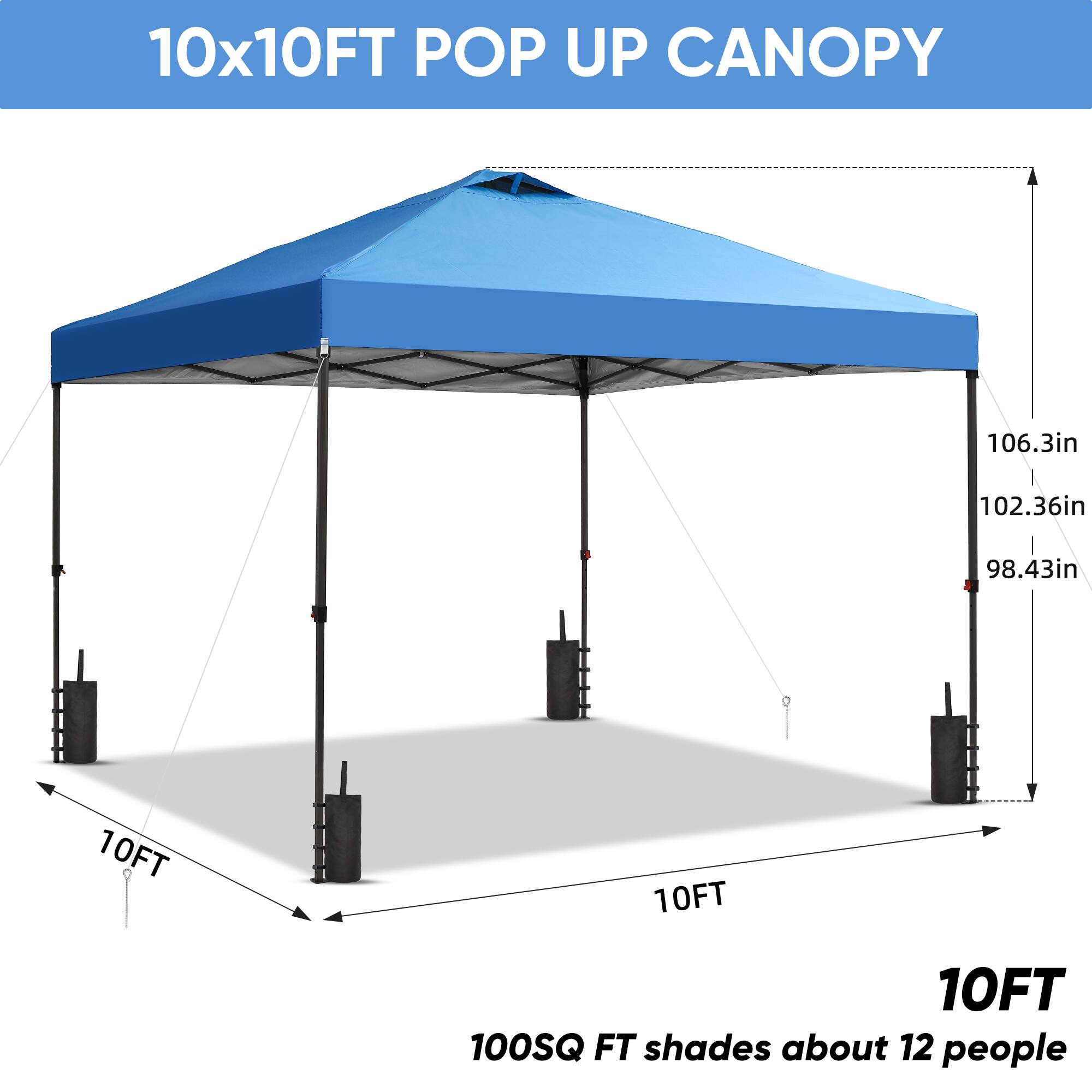 10x10FT POP UP CANOPY

106.3in
102.36in
98.43in
10FT
10FT
10FT

100SQ FT shades about 12 people