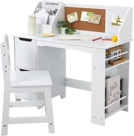 GARVEE - Kids Study Desk and Chair Set, Wooden School Learning Table with Storage, Children Computer Desk with Chair - White