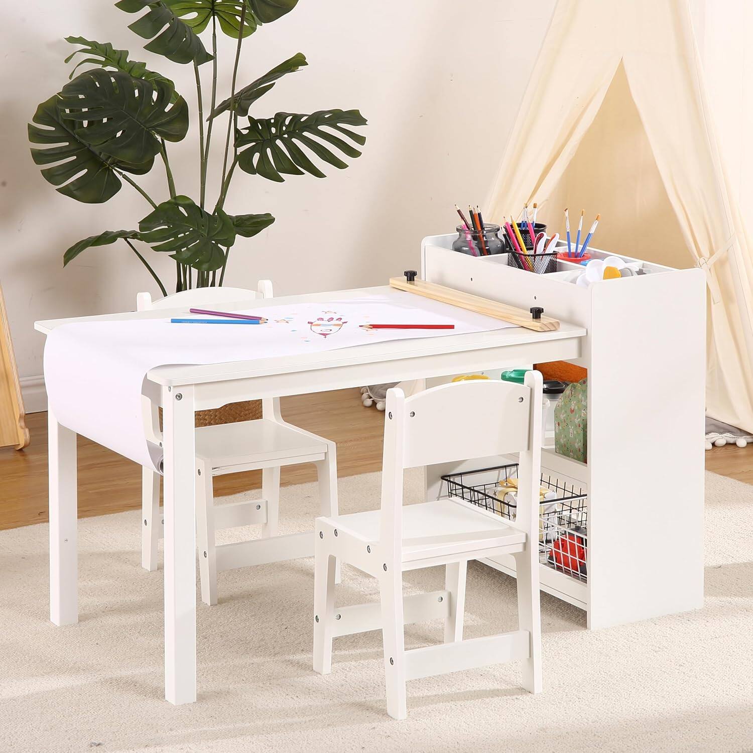 Front. Acekool - Kids Art Table and Chairs Set, Toddler Craft Play Wood Activity Desk With Large Storage - White.