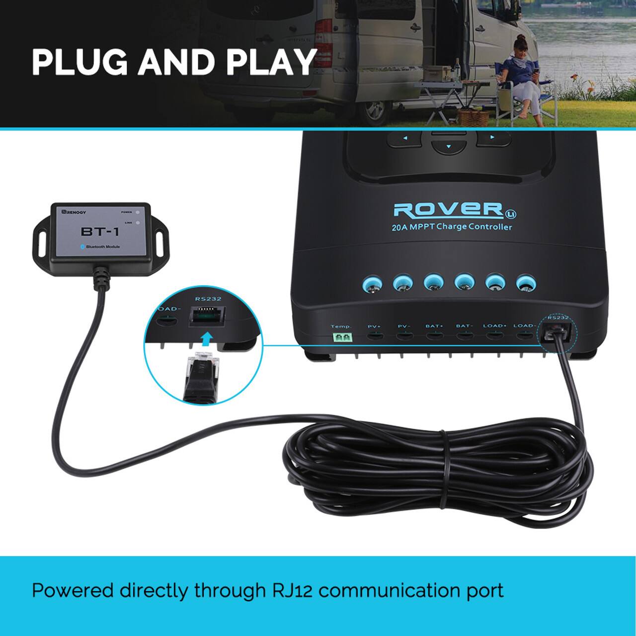 The text on the image reads: "Plug and Play - B-1 1 ROVER L 20A MPPT Charge Controller - R5232 DAD- ... Tame. PVI PV BATE ITAD LOAUT LUAD 022 AA Powered directly through RJ12 communication port."